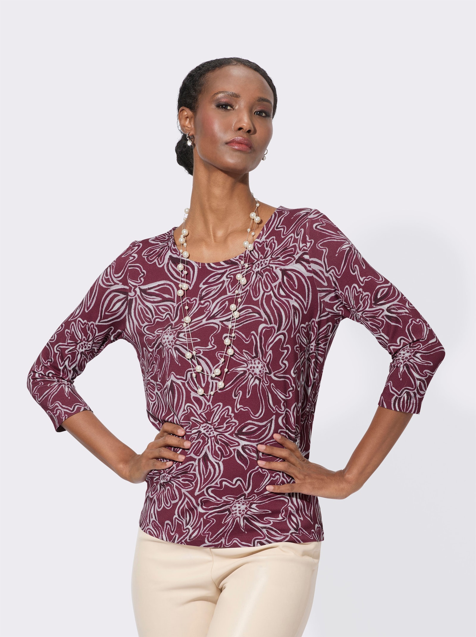 T-shirt à manches 3/4 imprimé - bordeaux-parme imprimé