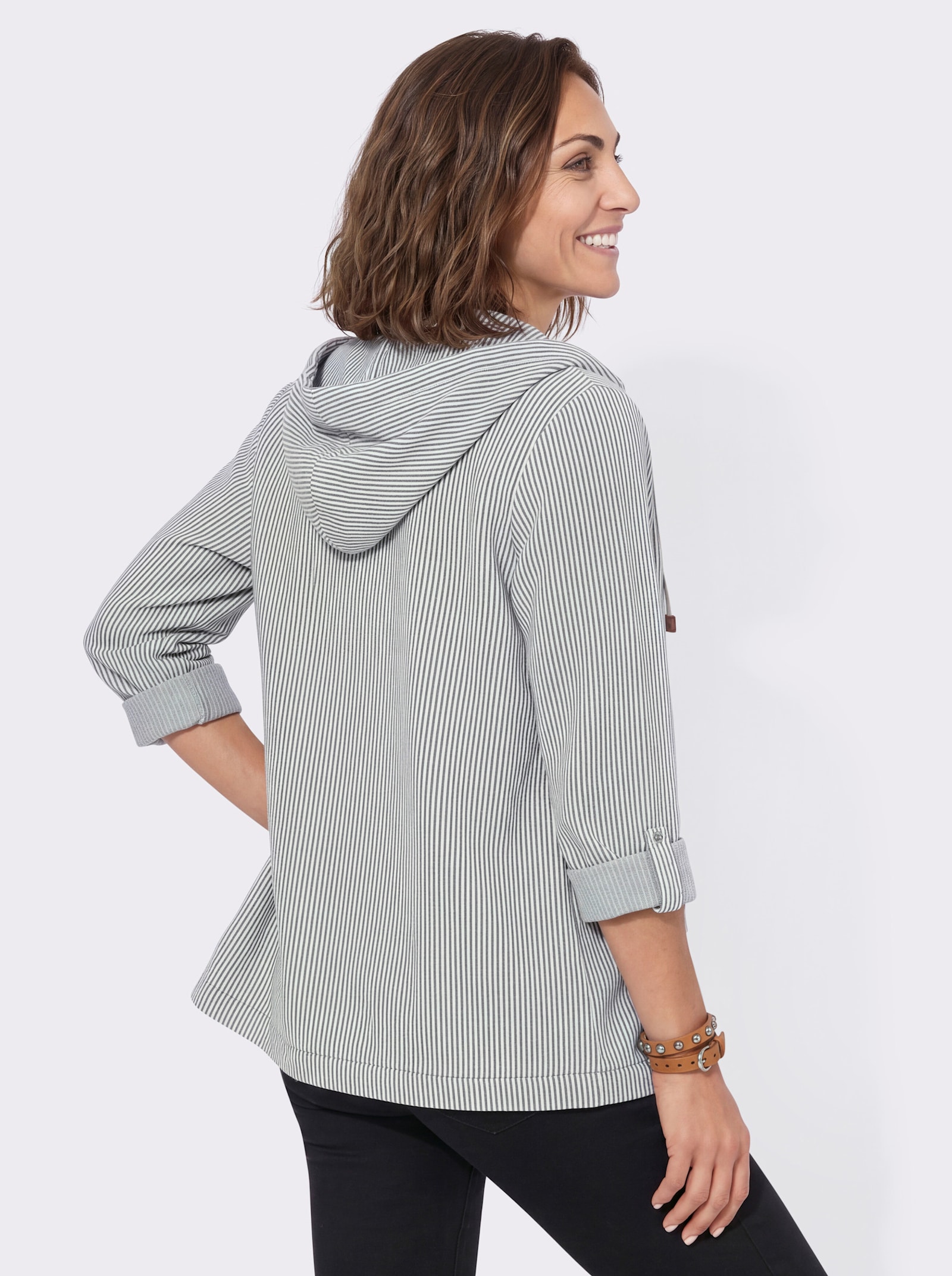 Sweatjacke mit Känguru-Tasche - dunkelblau-ecru-gestreift