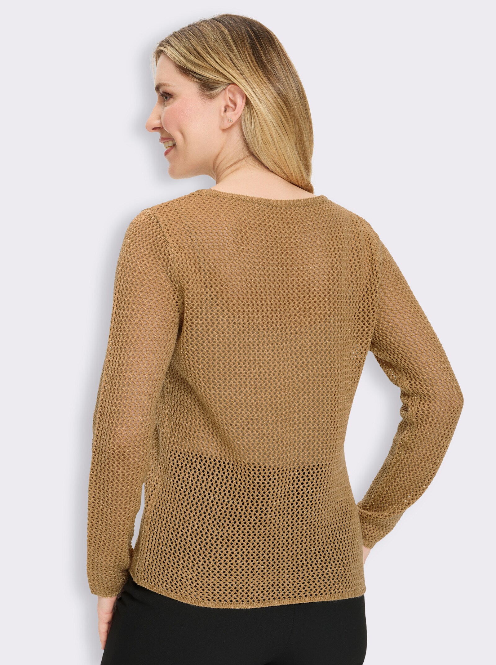 Ajourpullover mit goldfarbenem Effektgarn - camel