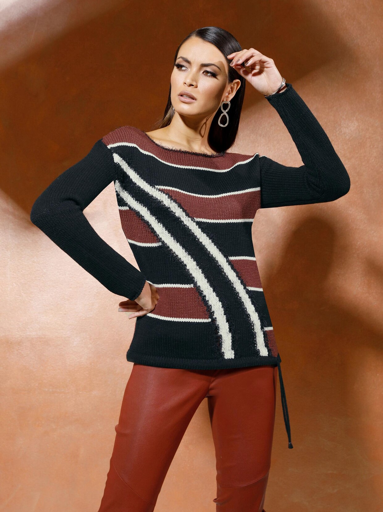 Langarm-Pullover - schwarz-rotbraun