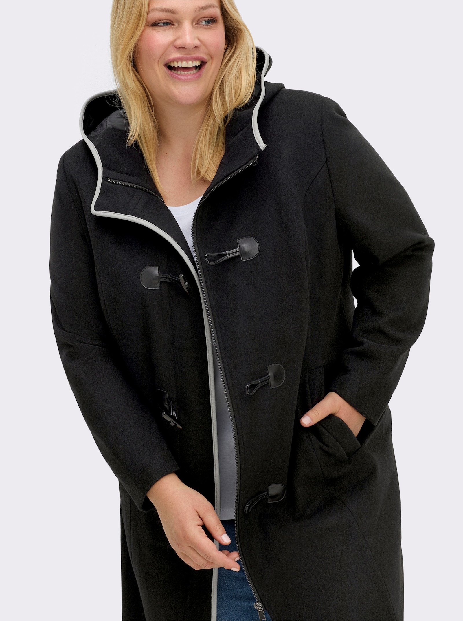 sheego Wintermantel mit Reißverschluss und Knebelverschlüssen - schwarz