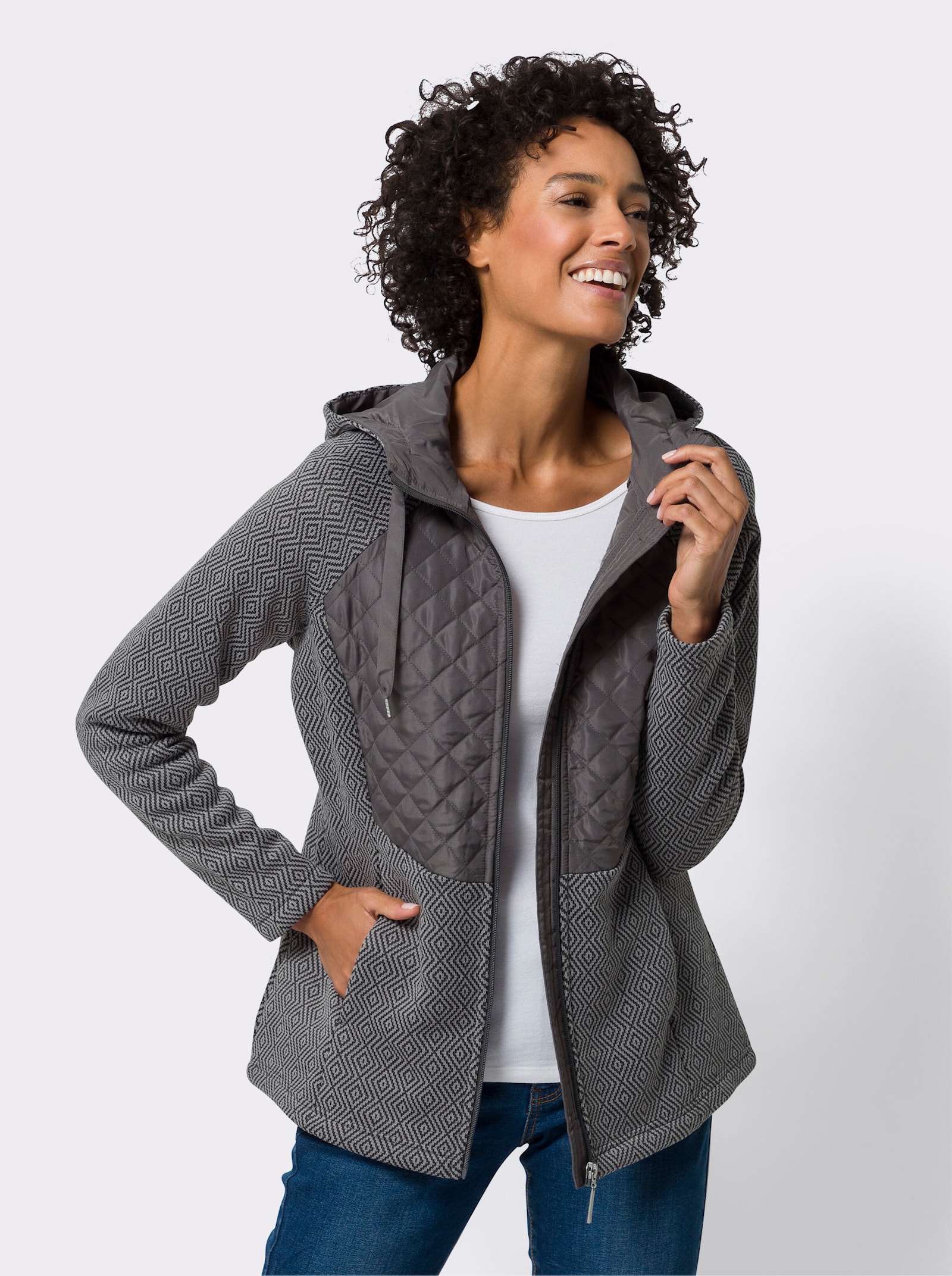 Strickfleecejacke mit Steppung - steingrau-anthrazit-gemustert