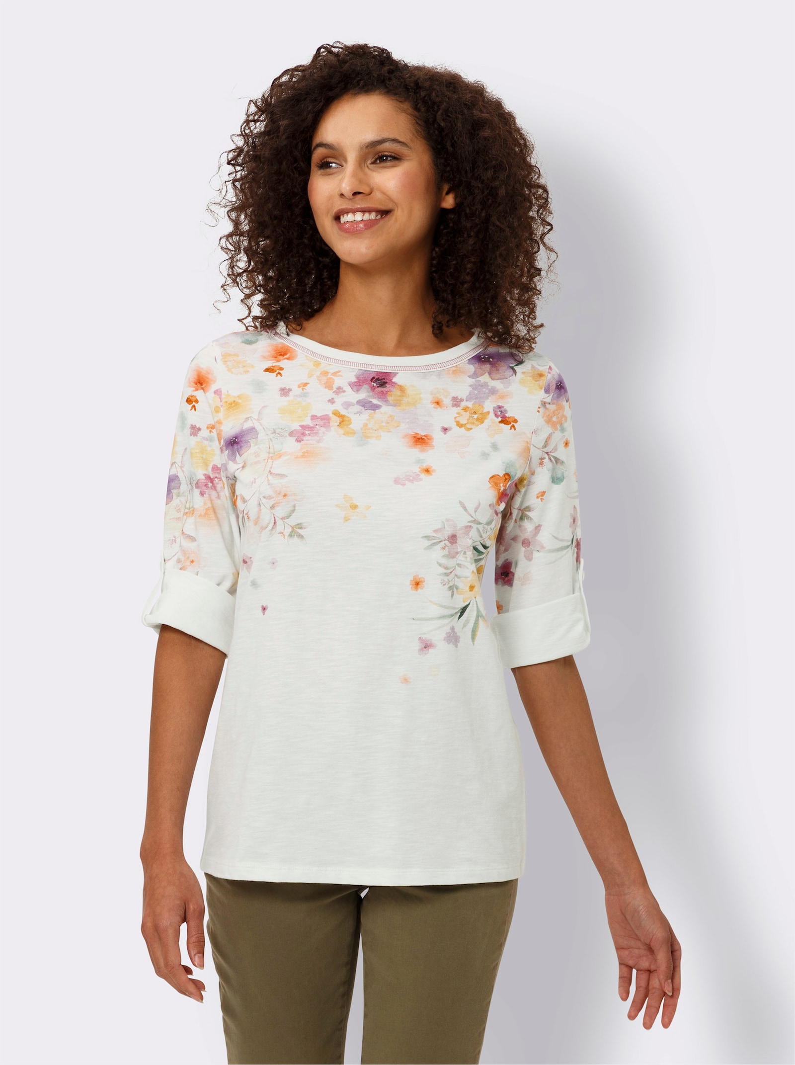 heine 3/4-Arm-Shirt mit Blumen-Print - ecru-orange-bedruckt