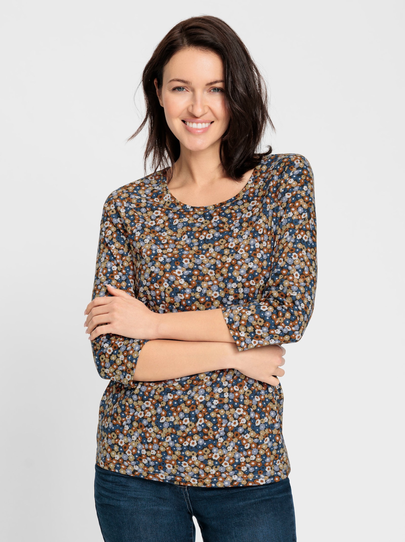 Print-Shirt mit Rundhals-Ausschnitt - camel-taubenblau-bedruckt