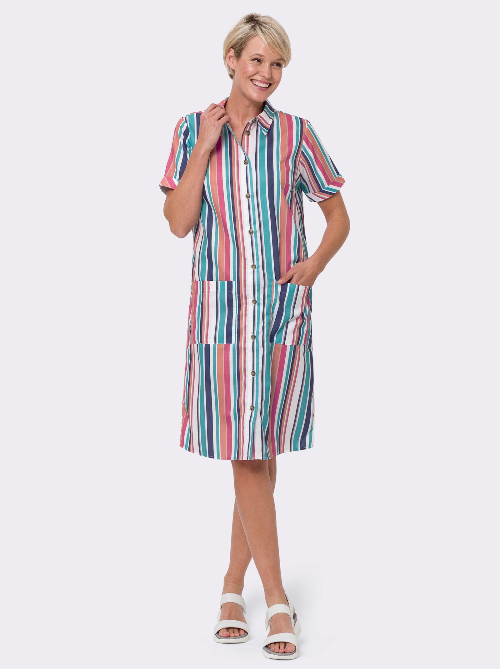 Hemdblusenkleid mit aufgesetzten Taschen - ozean-papaya-gestreift