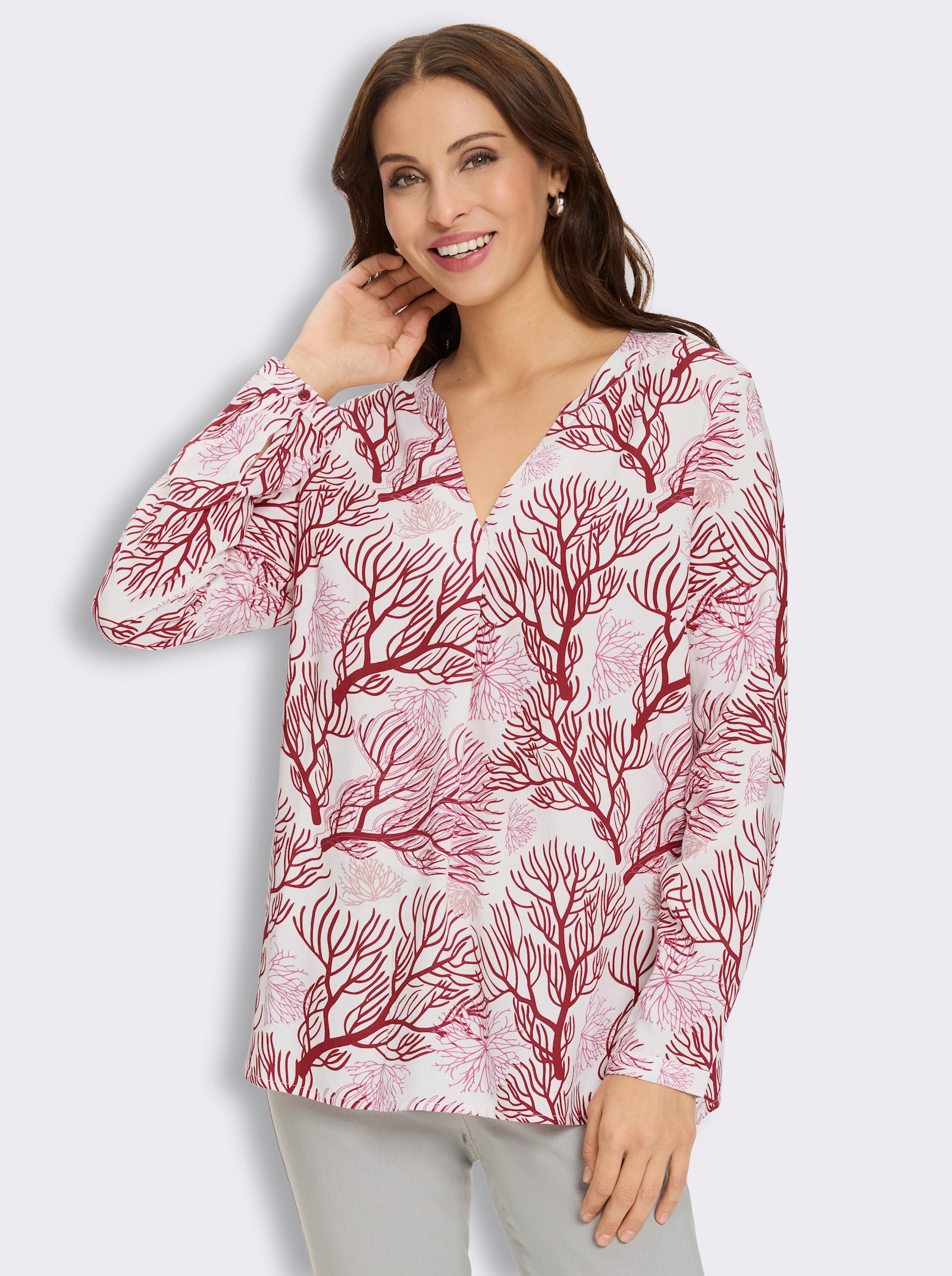 Druckbluse mit Korallenmotiven - ecru-rot-bedruckt