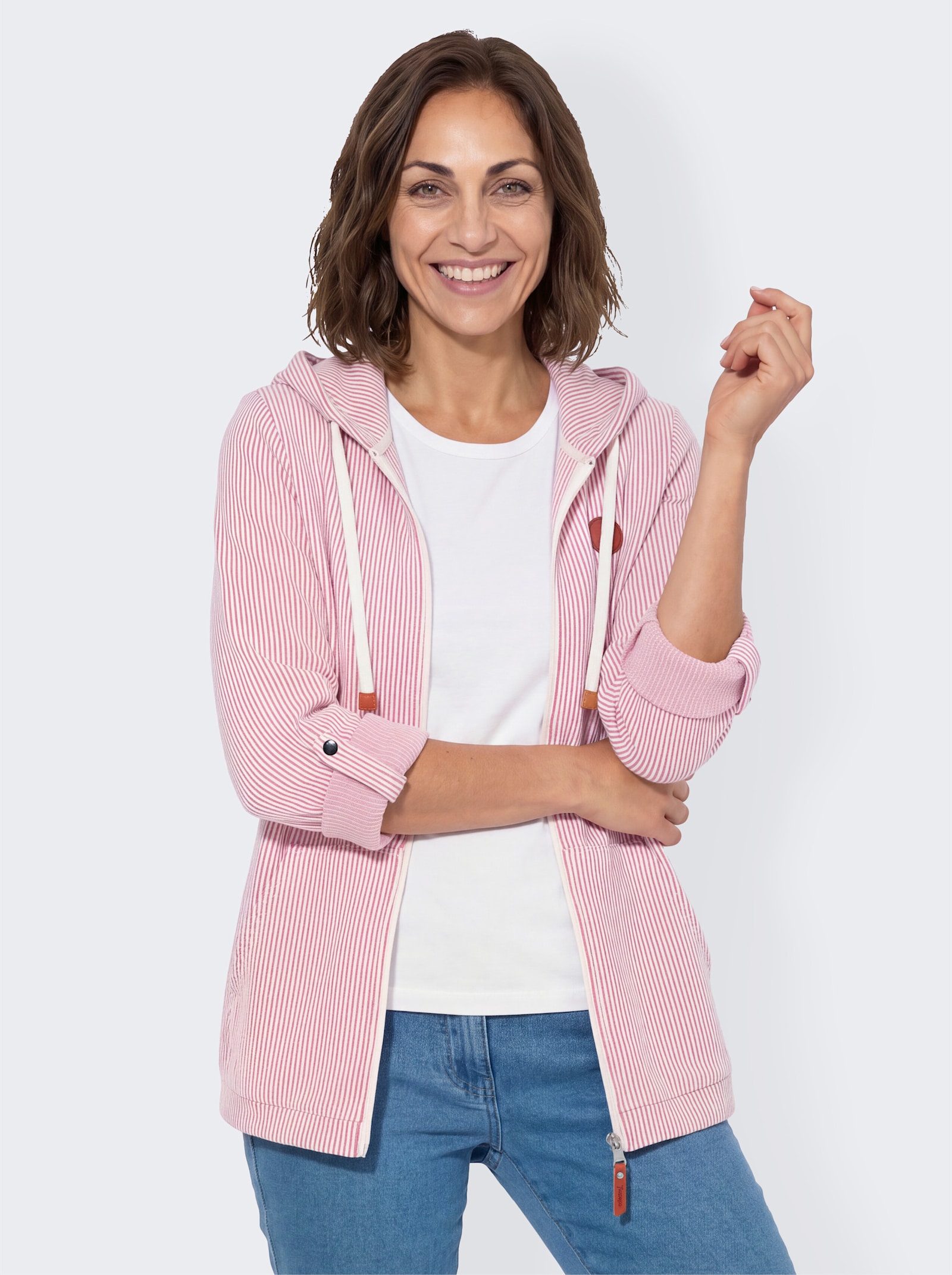 Sweatjacke mit Känguru-Tasche - fuchsia-ecru-gestreift