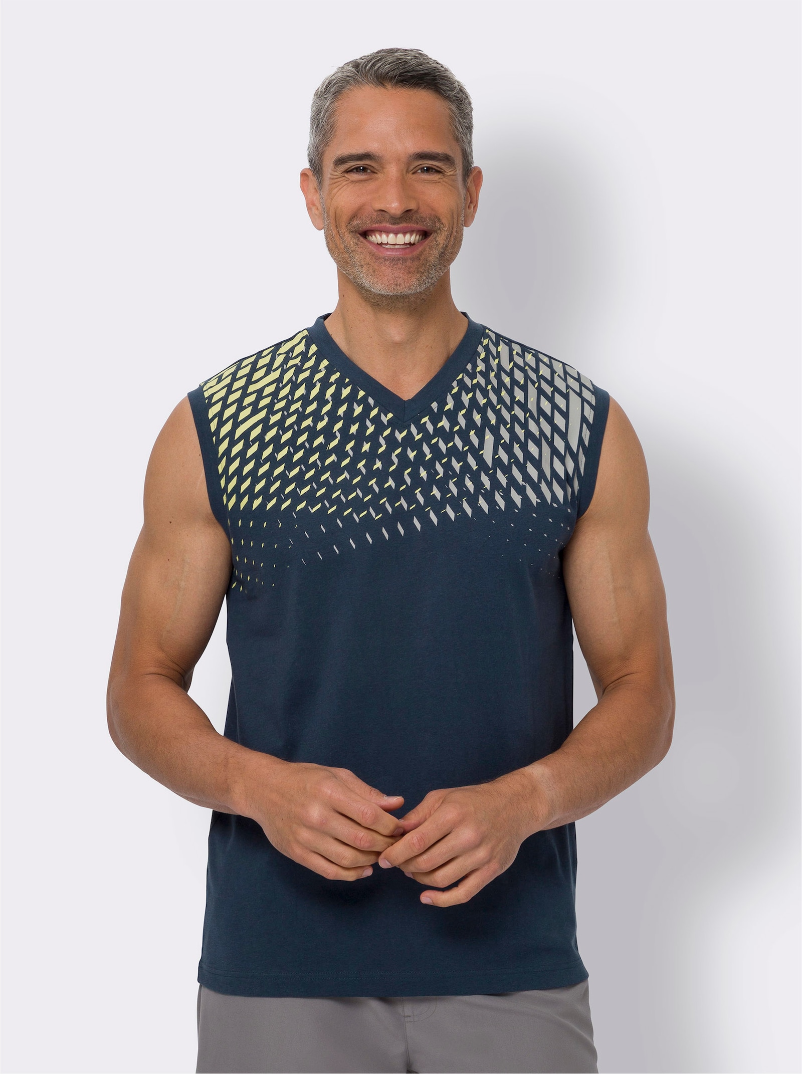 Linne med grafiskt tryck - mörkblå