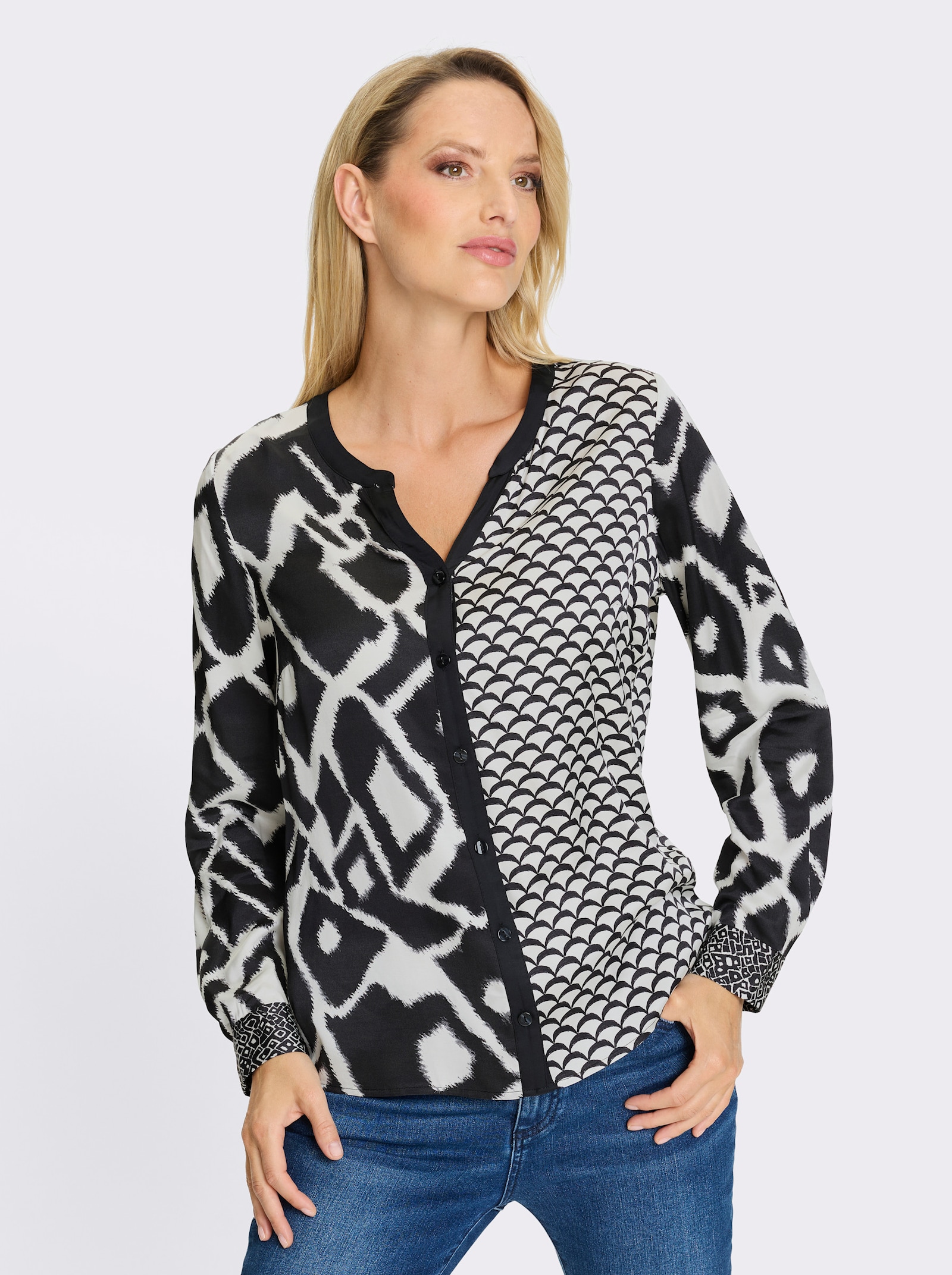 heine Druckbluse - ecru-schwarz-bedruckt
