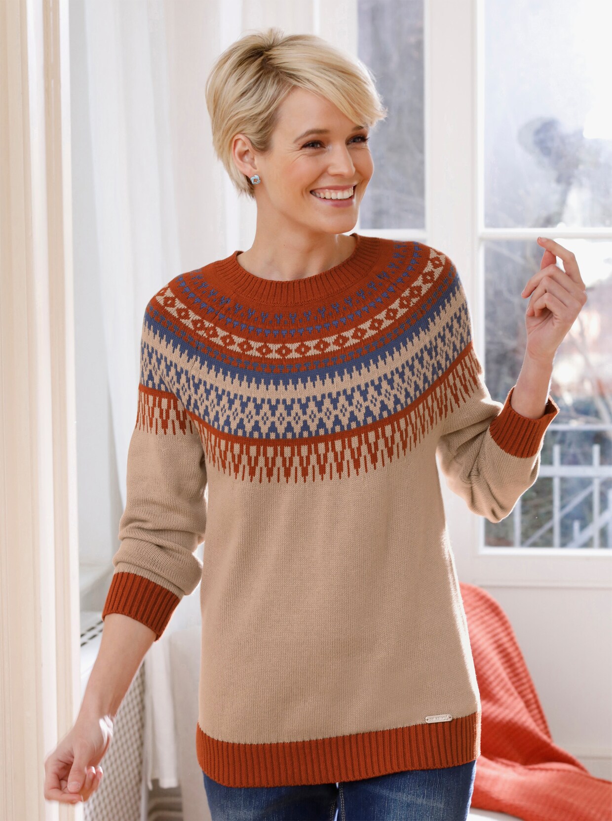 Norwegerpullover - beige-rostrot-gemustert