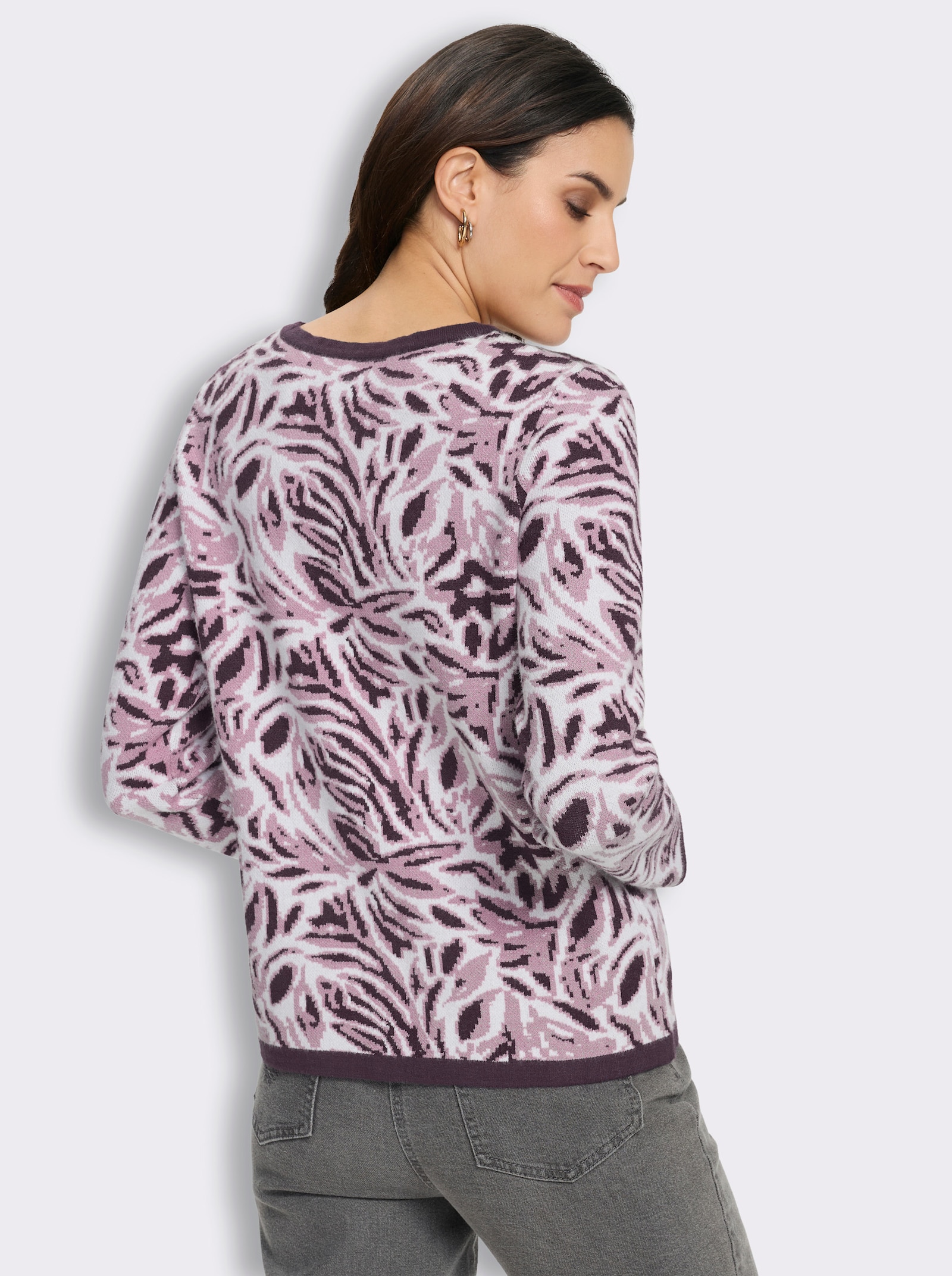 Jacquardstrickjacke mit floralem Allovermuster - aubergine-ecru-gemustert
