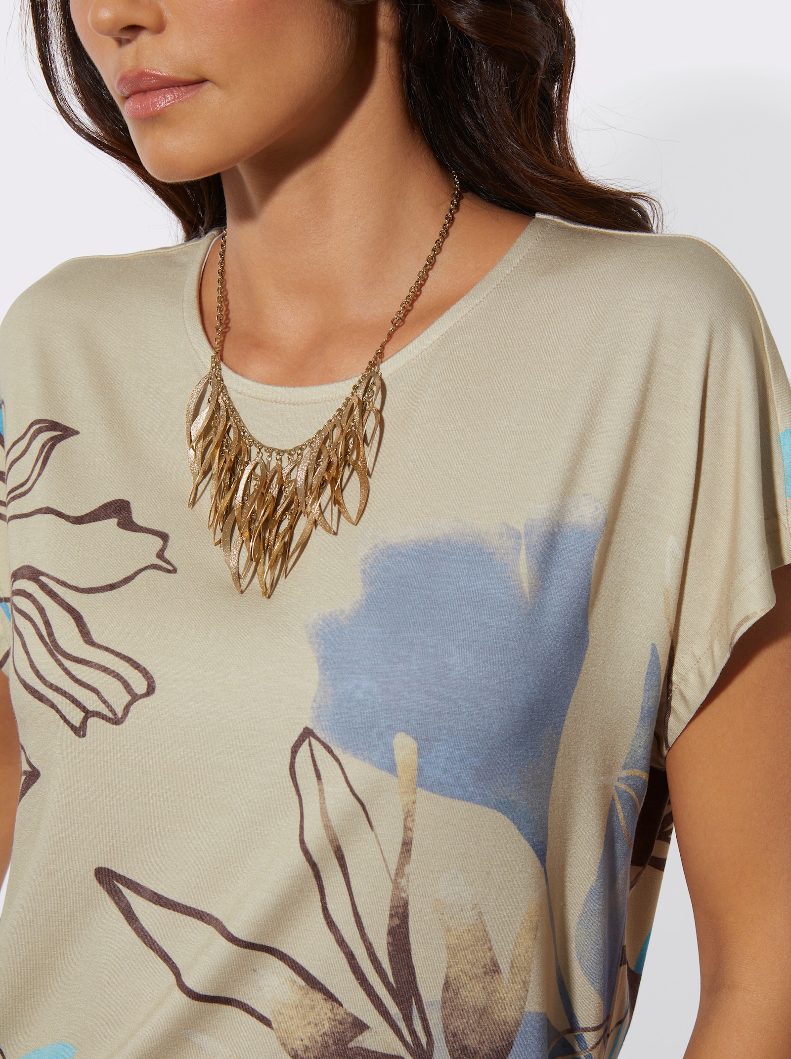Shirt met print en oversized schouders - zand/bleu bedrukt