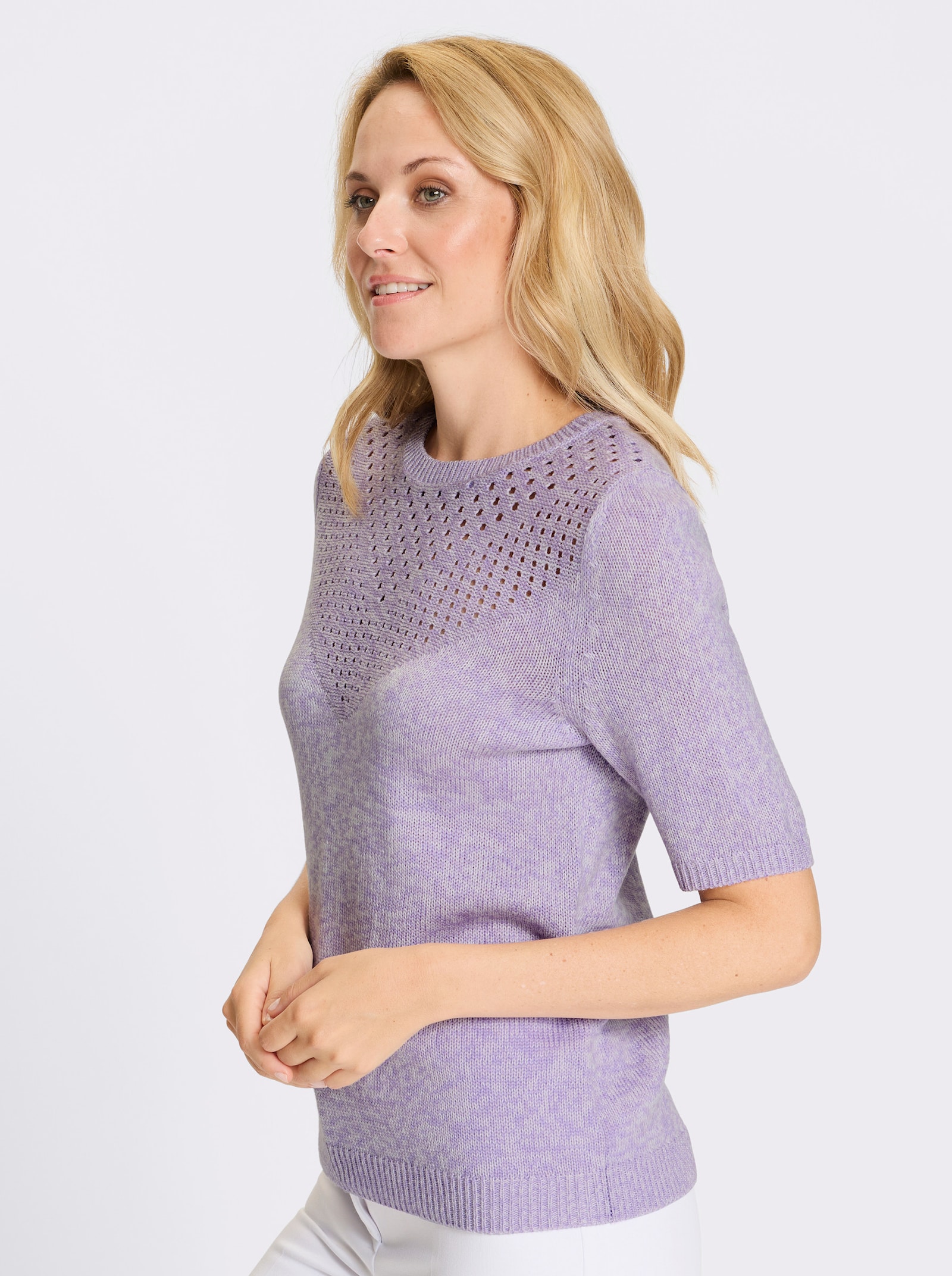 Kurzarmpullover in Melange-Optik - lavendel-ecru-meliert