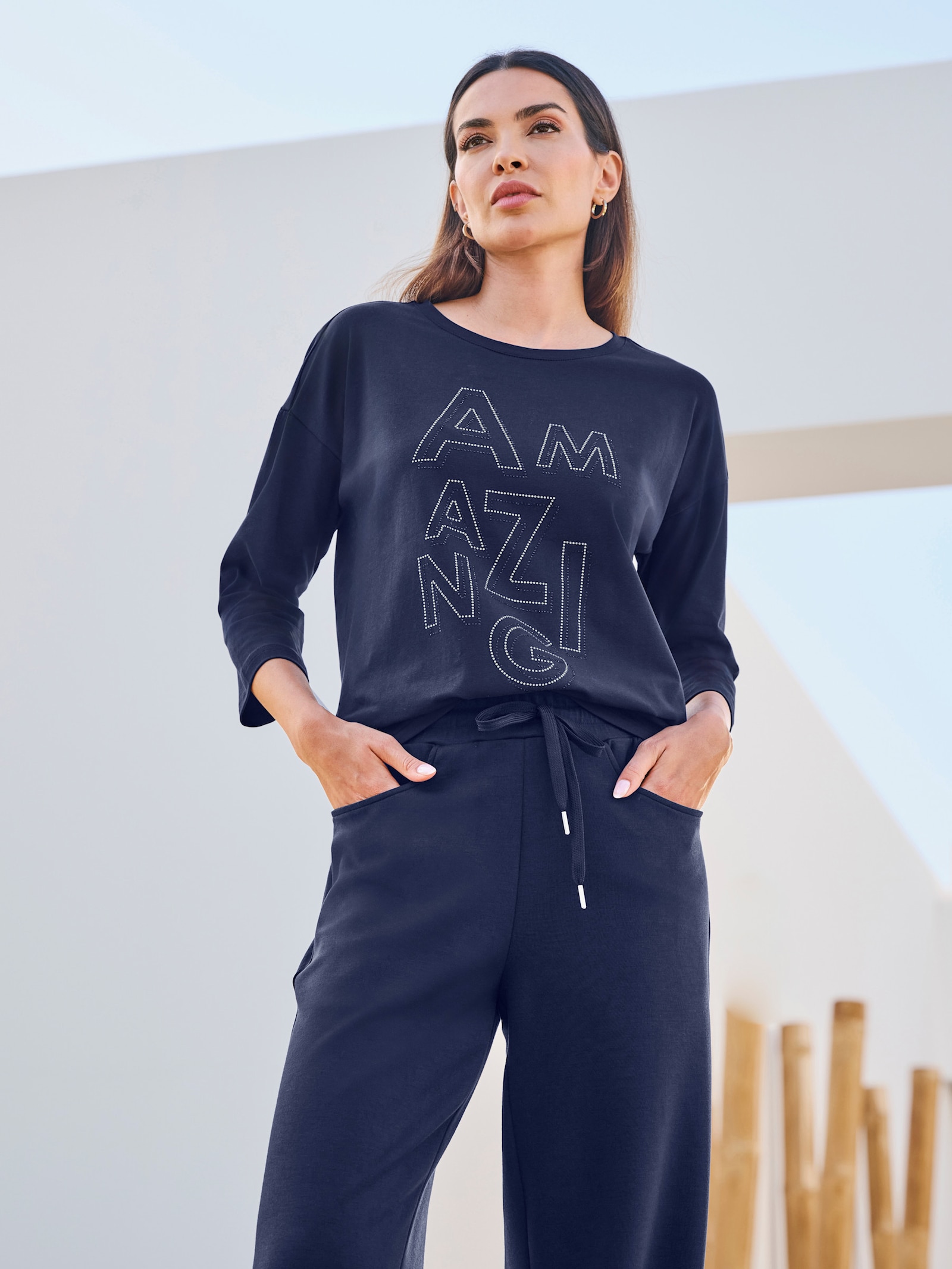 heine 3/4-Arm-Shirt mit Schriftzug - marine