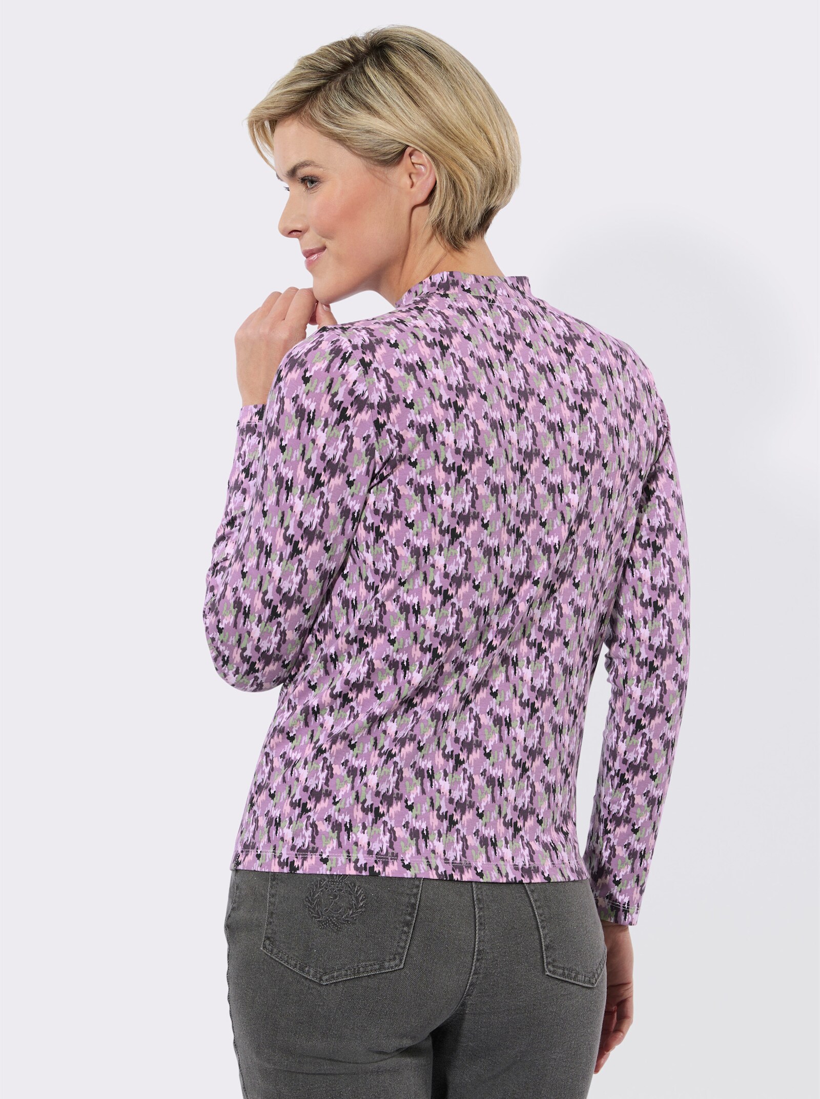 Stehkragenshirt mit Grafik-Dessin - violett-eucalyptus-bedruckt