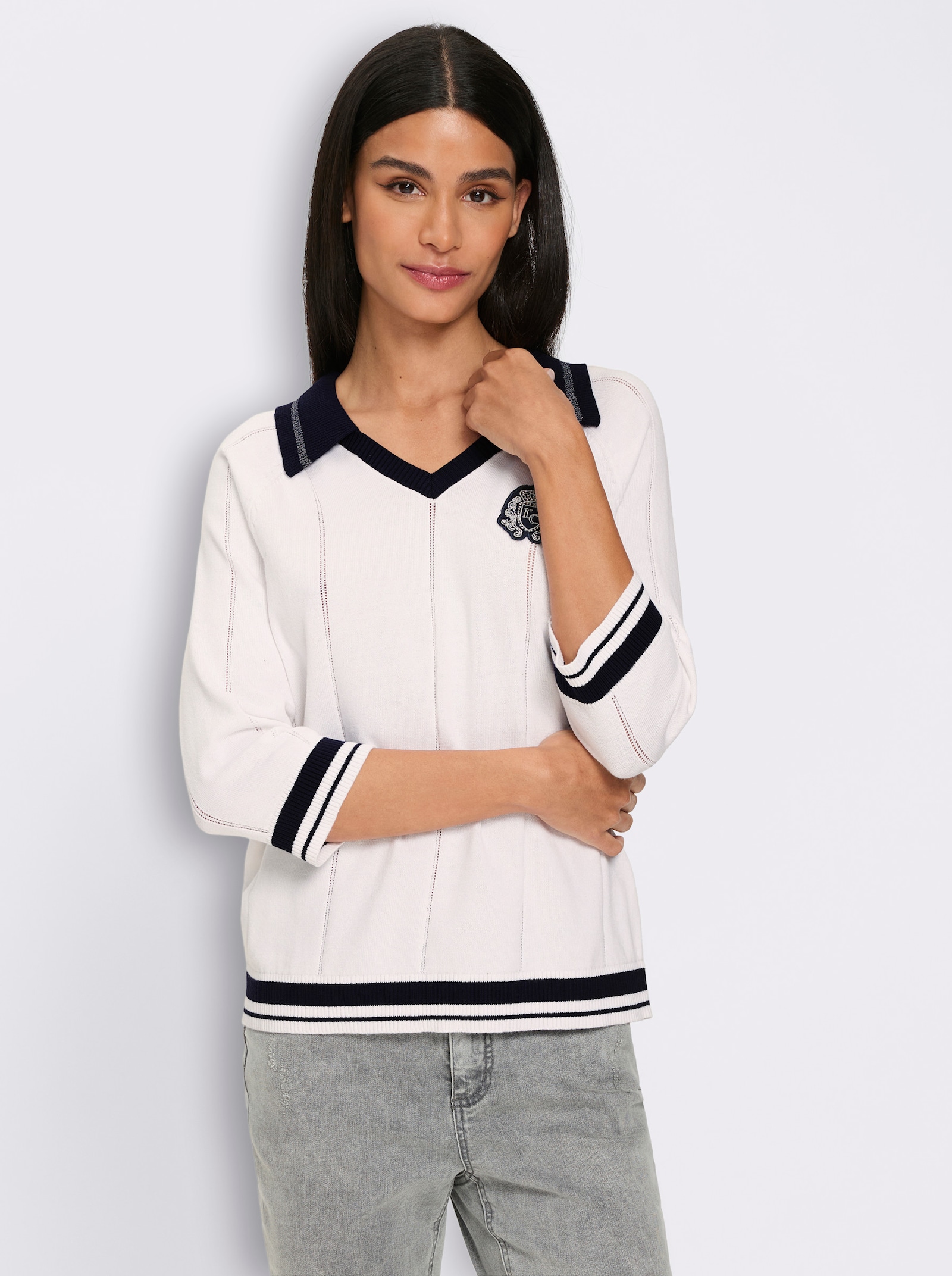 heine Polopullover mit Ajour-Streifen - ecru-marine