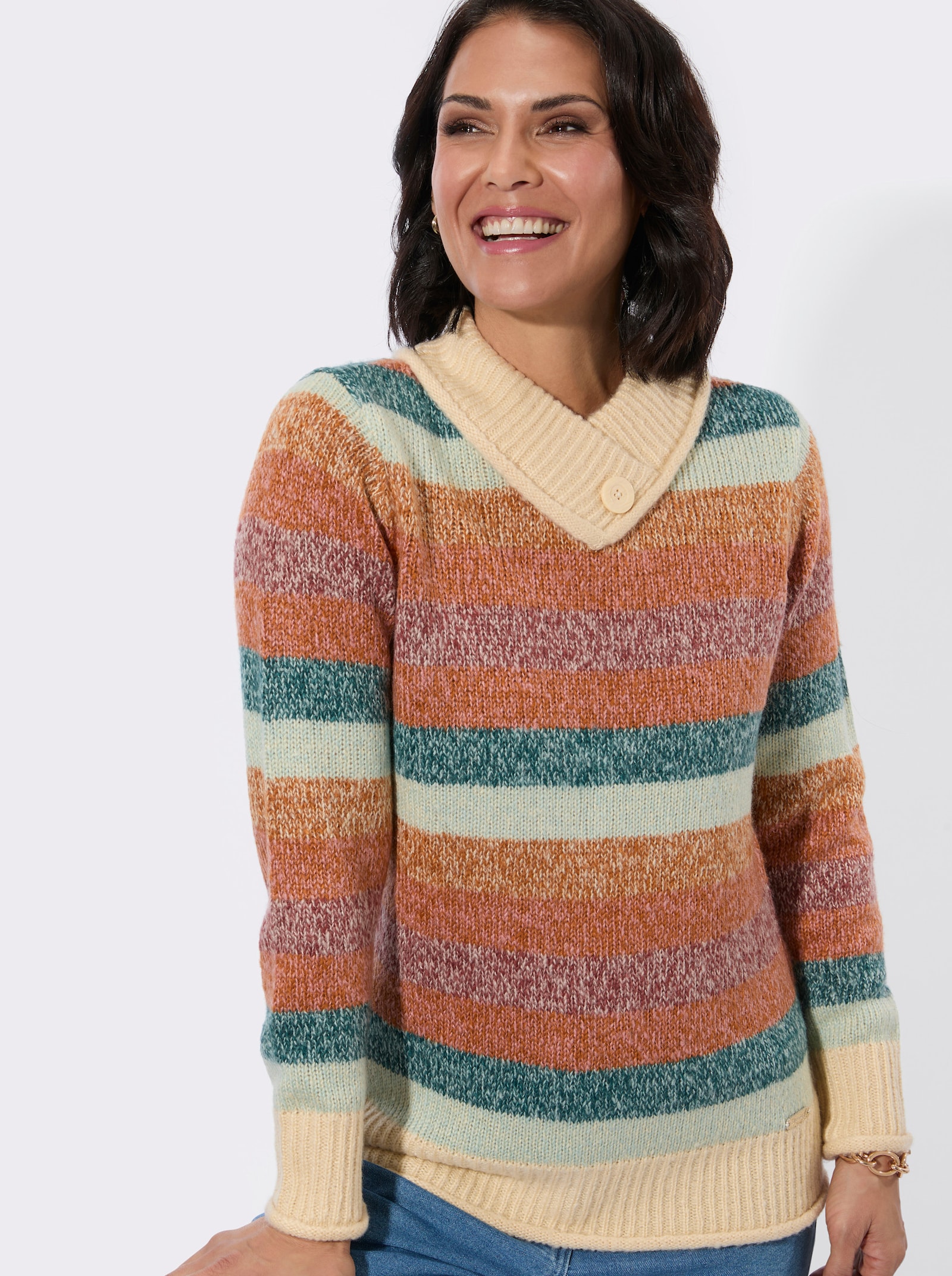 Stehkragenpullover mit Rollkanten - kalkmint-flamingo-geringelt