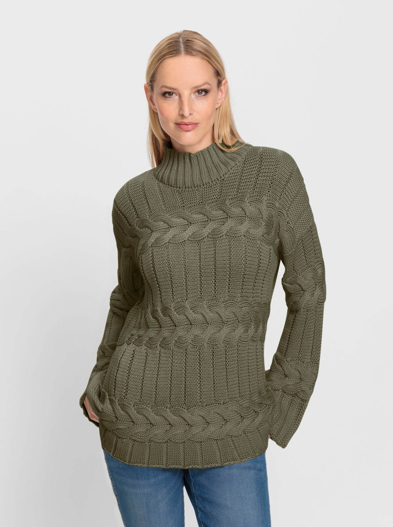 heine Stehkragenpullover mit Strickmuster-Mix - khaki