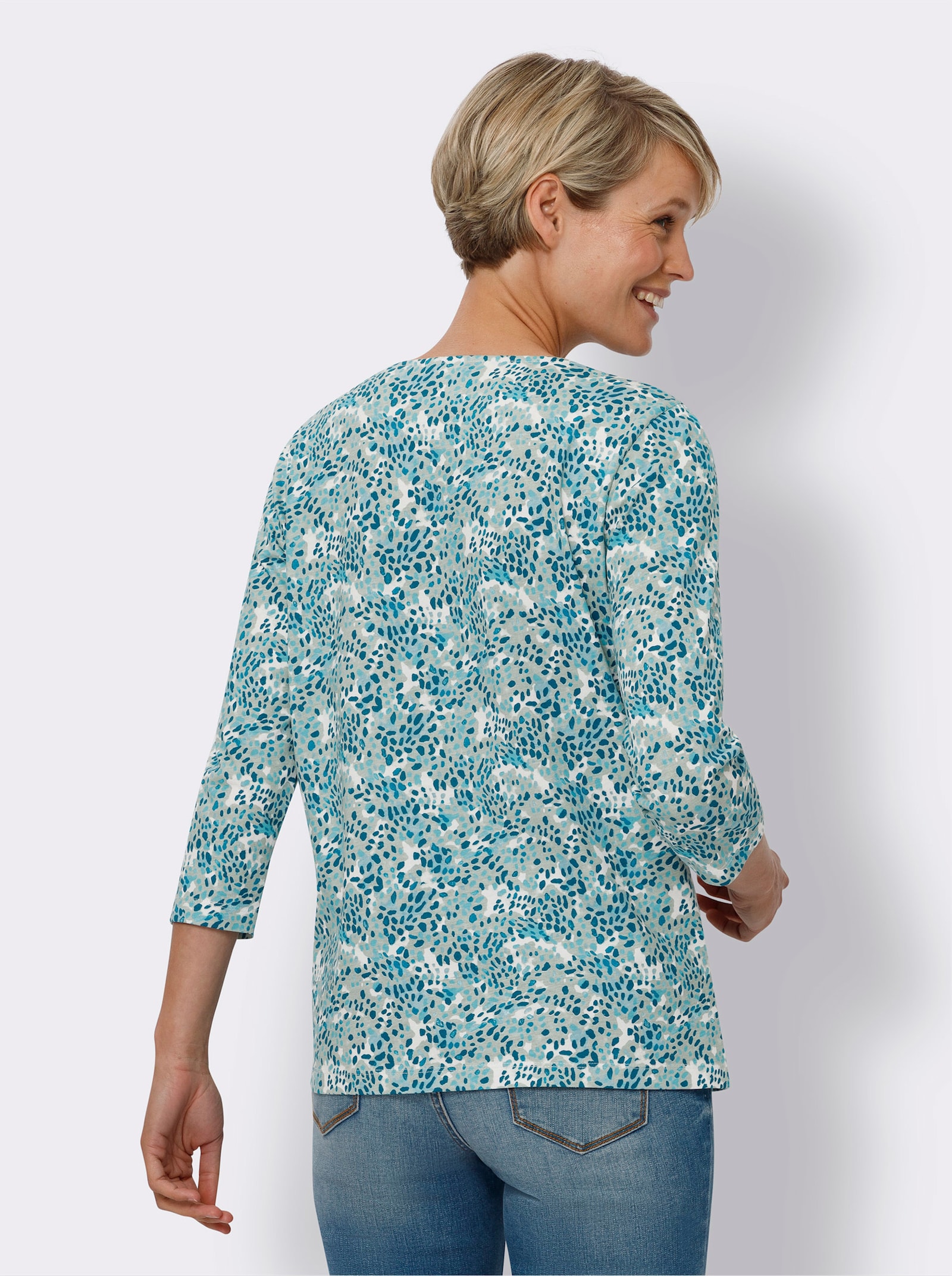 3/4-Arm-Shirt aus reiner Baumwolle - ecru-ozean-bedruckt