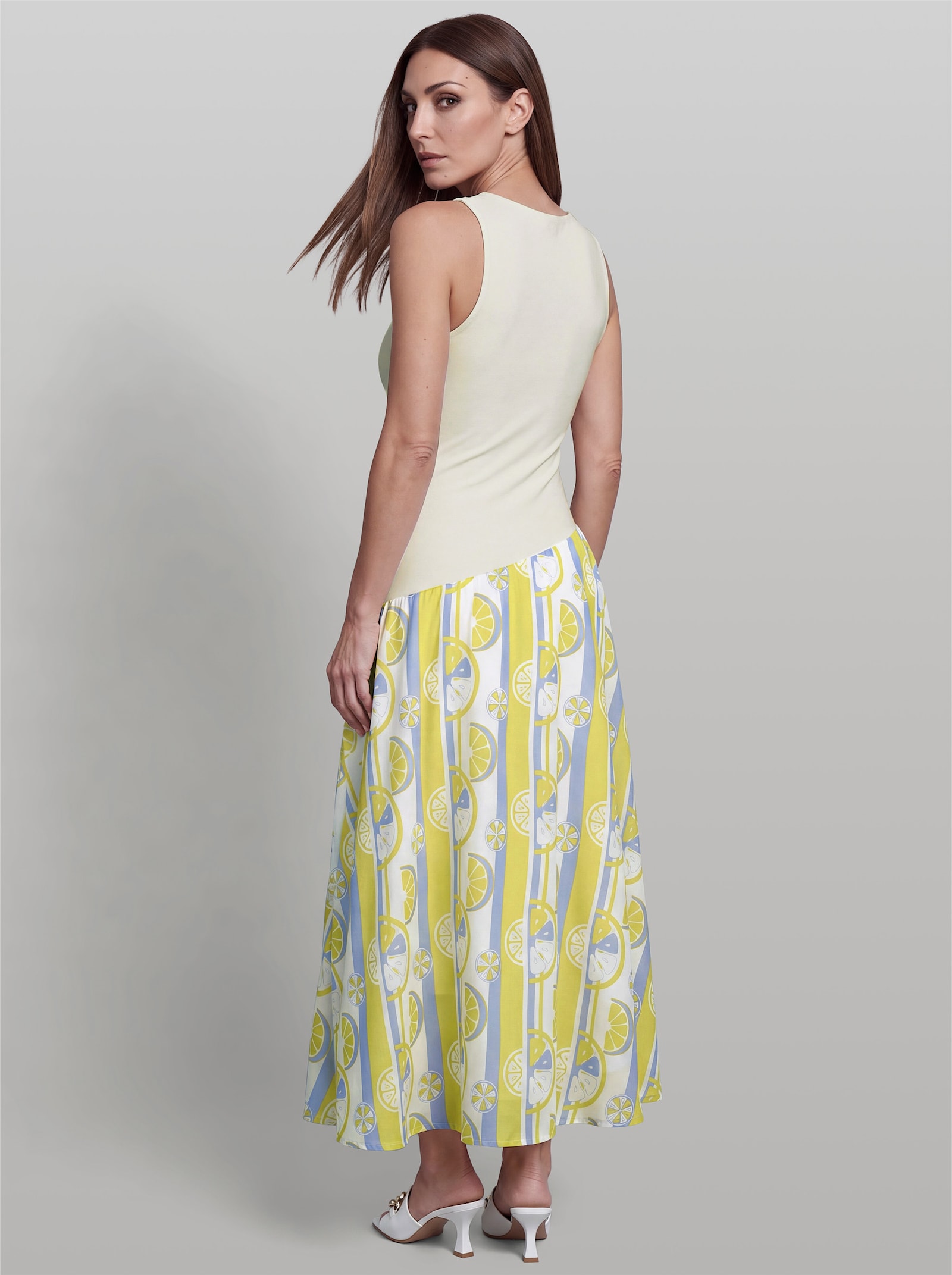 heine Sommerkleid im Materialmix - ecru-limone-bedruckt