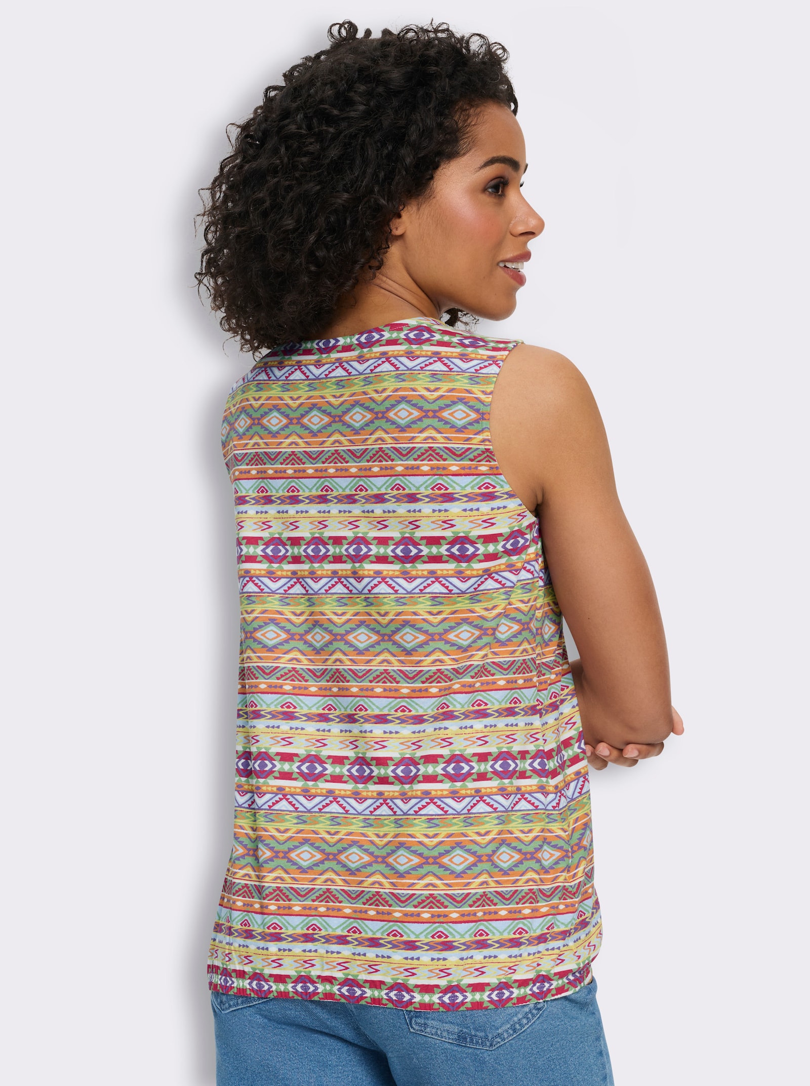 Shirttop met etnoprint - citroen/lila bedrukt