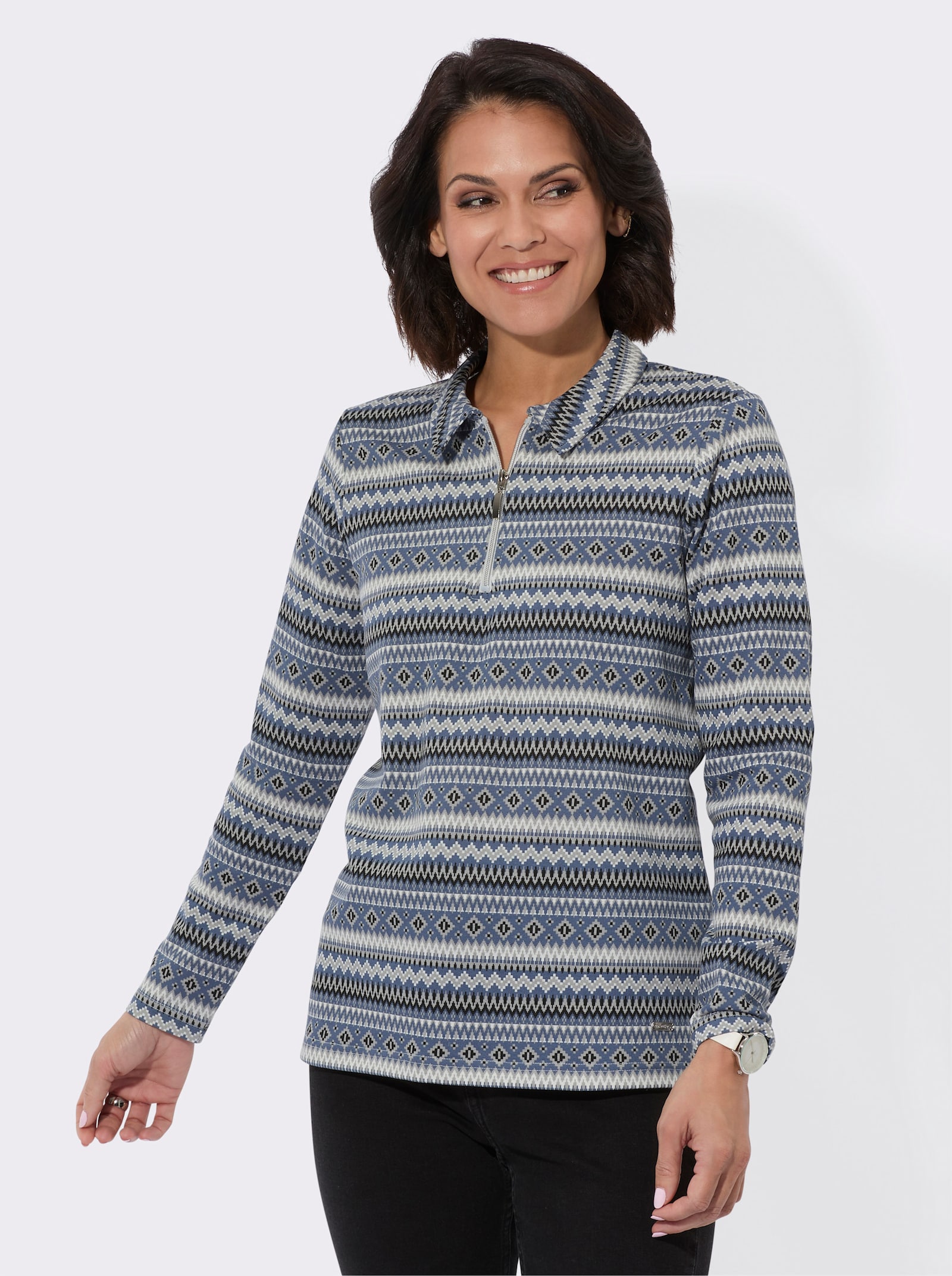 Langarmshirt mit Hemdkragen - rauchblau-steingrau-bedruckt