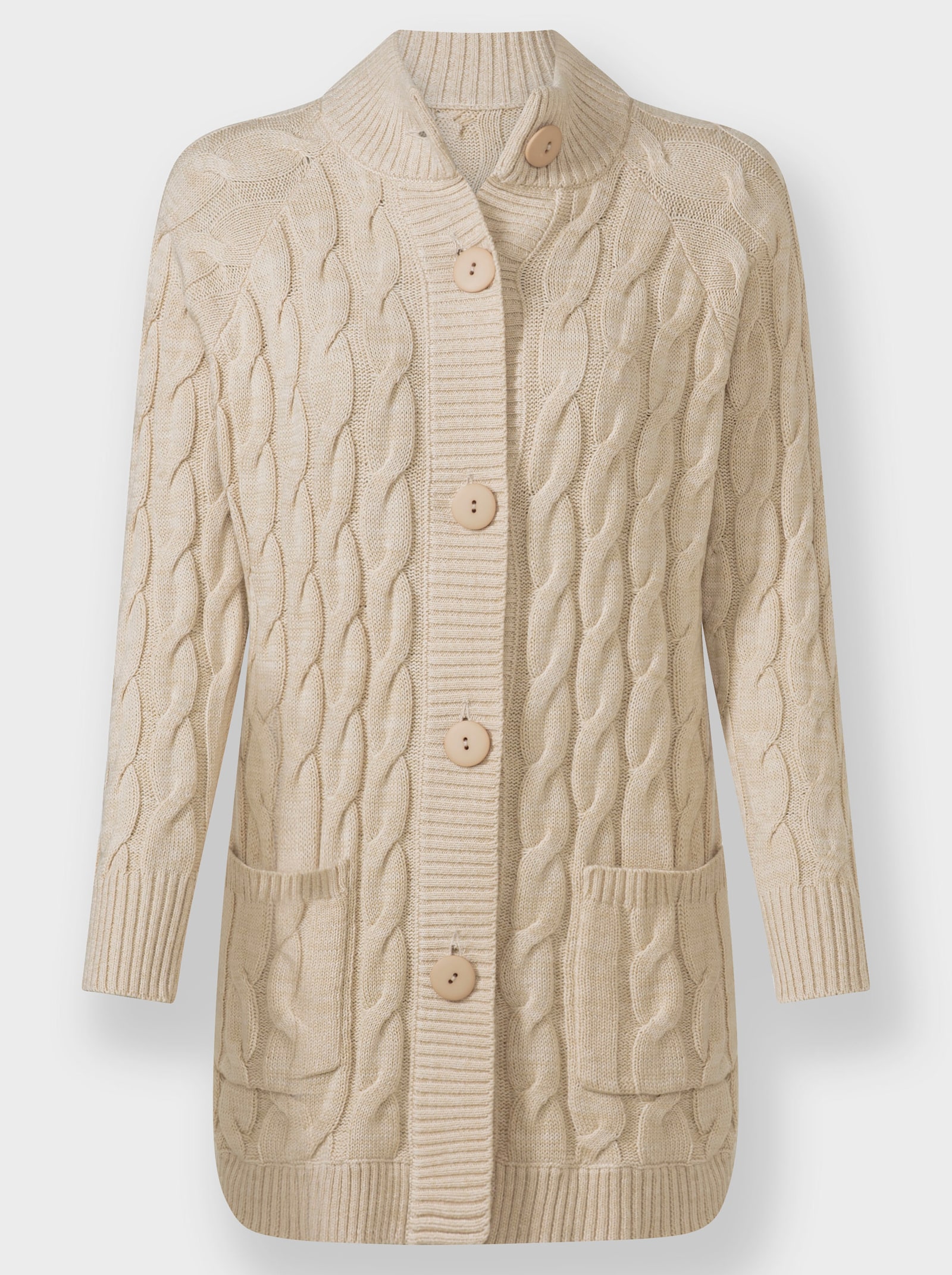 Longstrickjacke mit Zopf-Strickmuster - sand