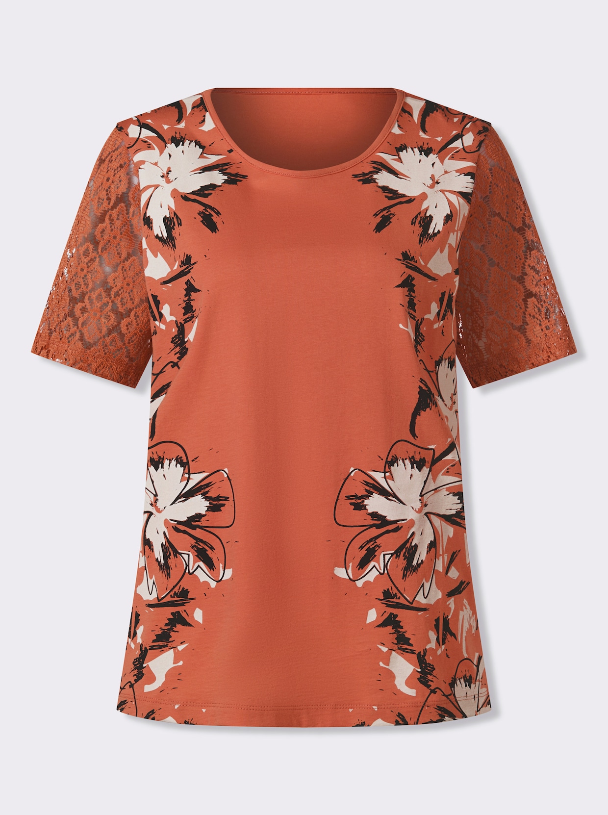 Kurzarmshirt mit floralem Print an den Seiten - papaya-champagner-bedruckt