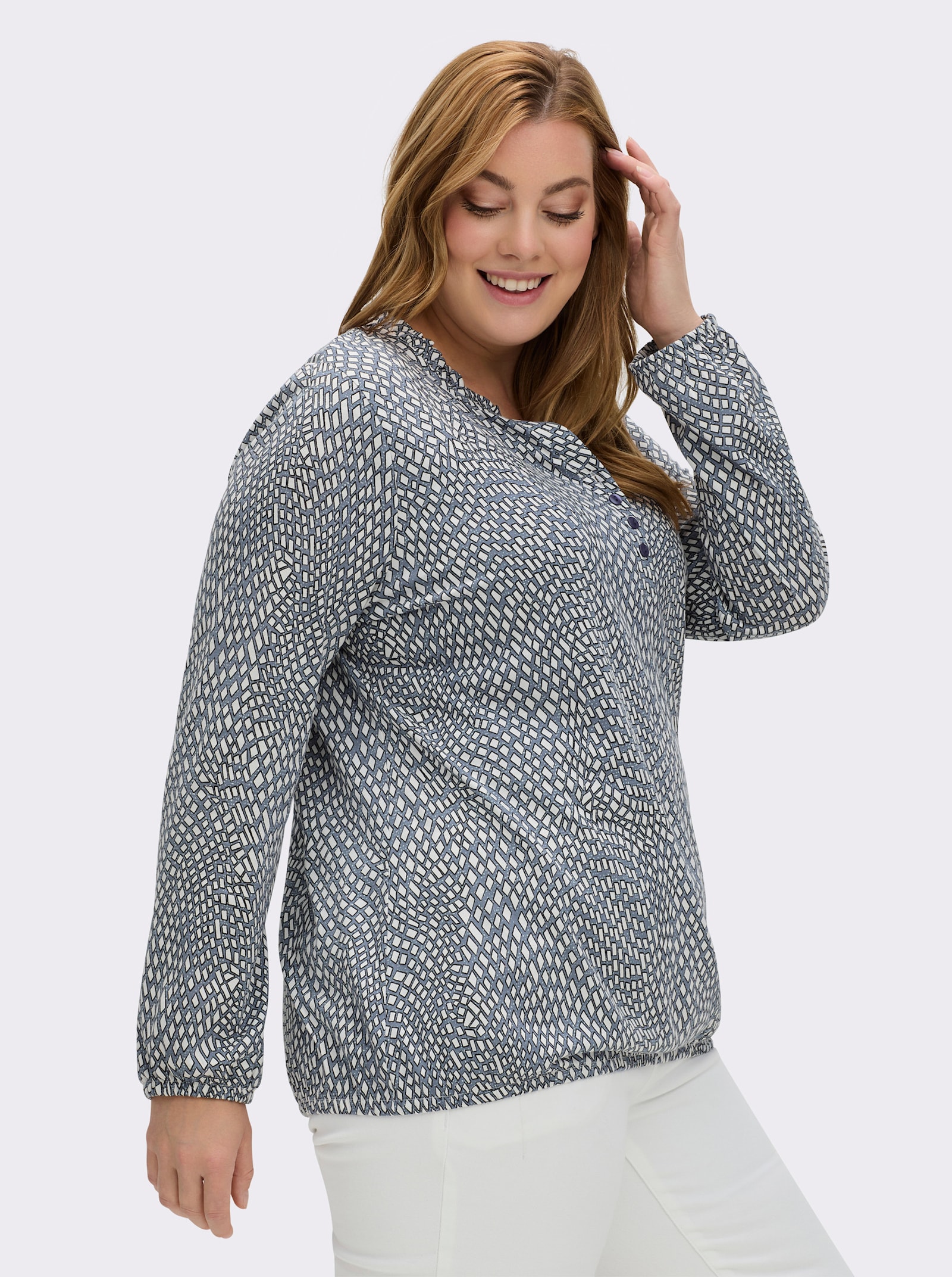 Langarmshirt im Material-Mix - rauchblau-ecru-bedruckt