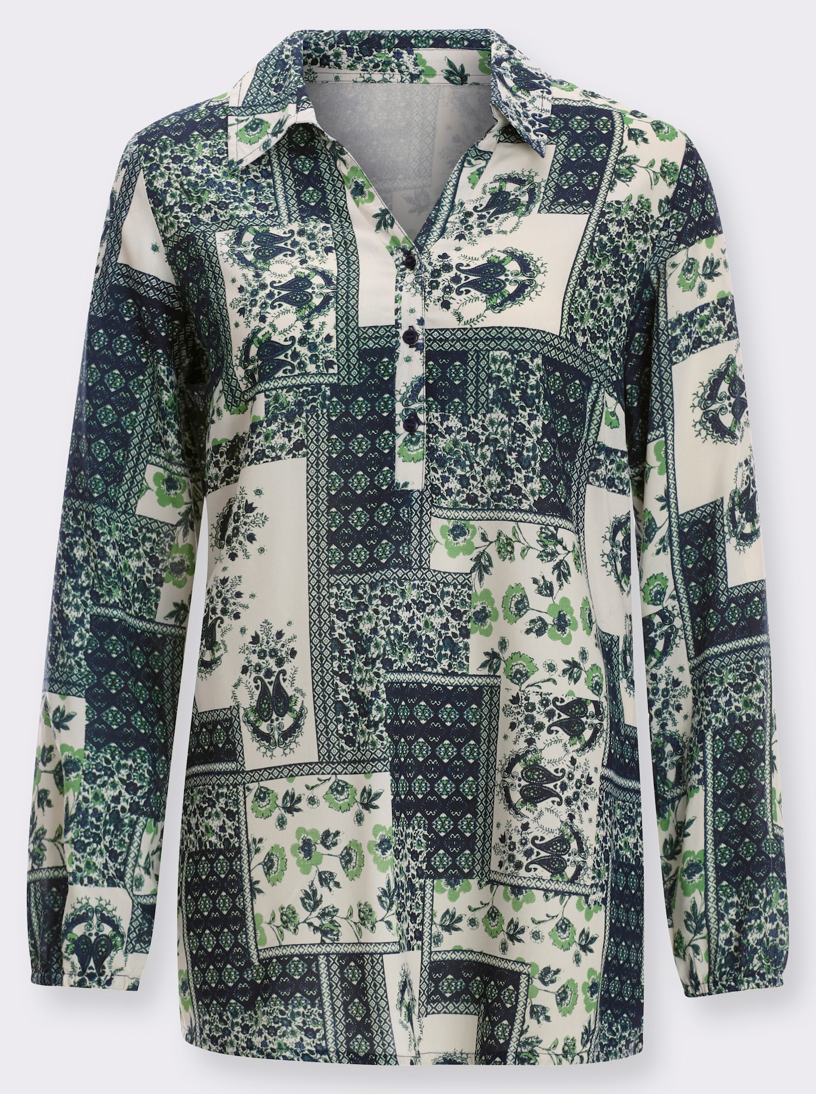 Longbluse im Paisley-Druck in Patch-Optik - champagner-marine-bedruckt