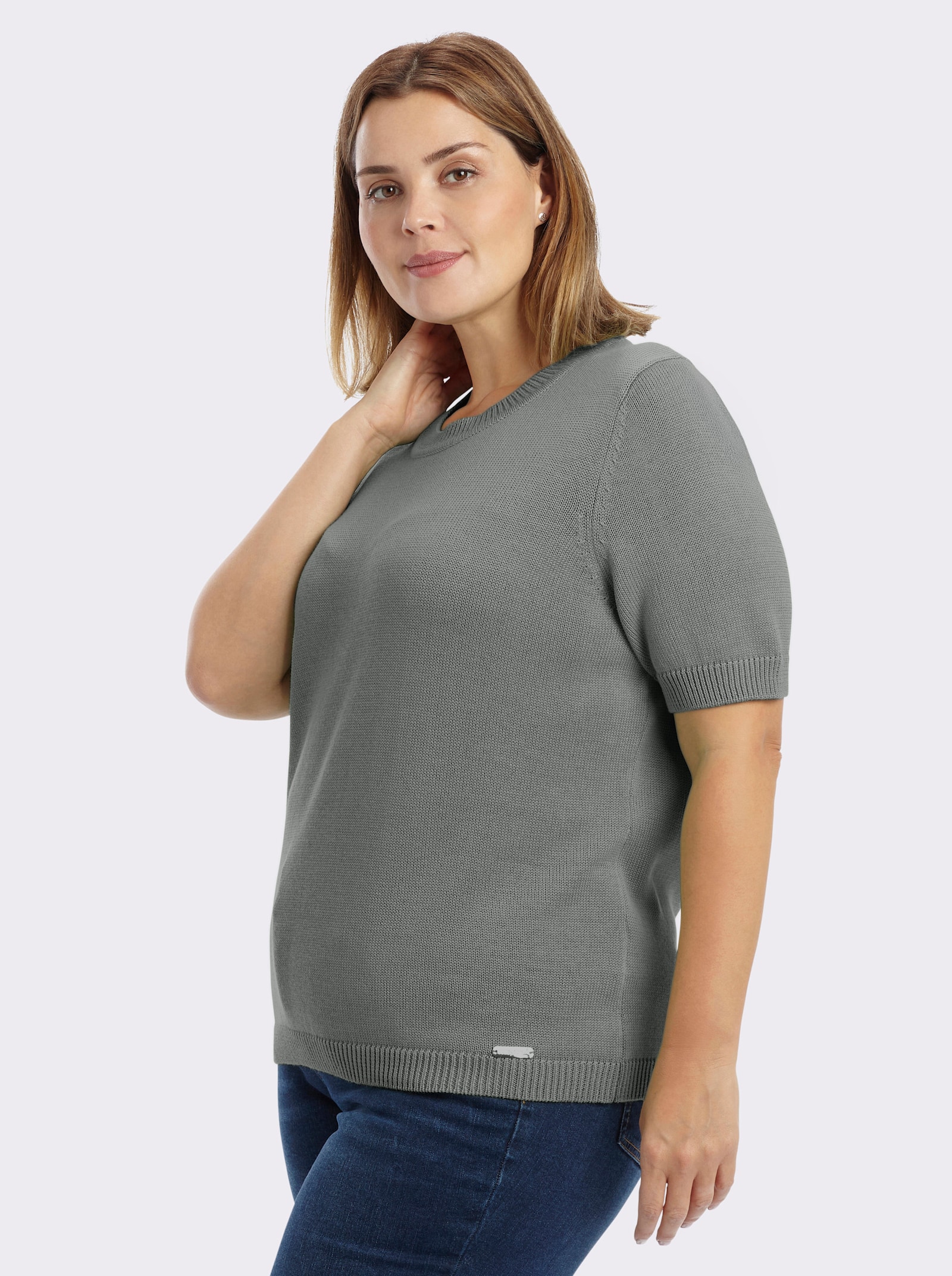 Kurzarmpullover mit Rippabschlüssen - grau-meliert