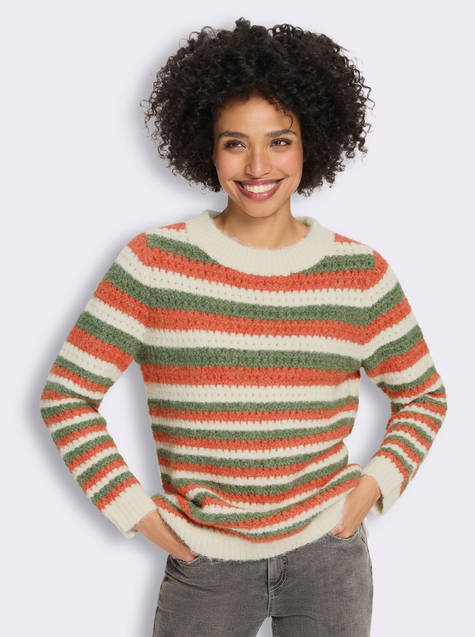 heine Ajourpullover mit Streifen - champagner-khaki-gemustert