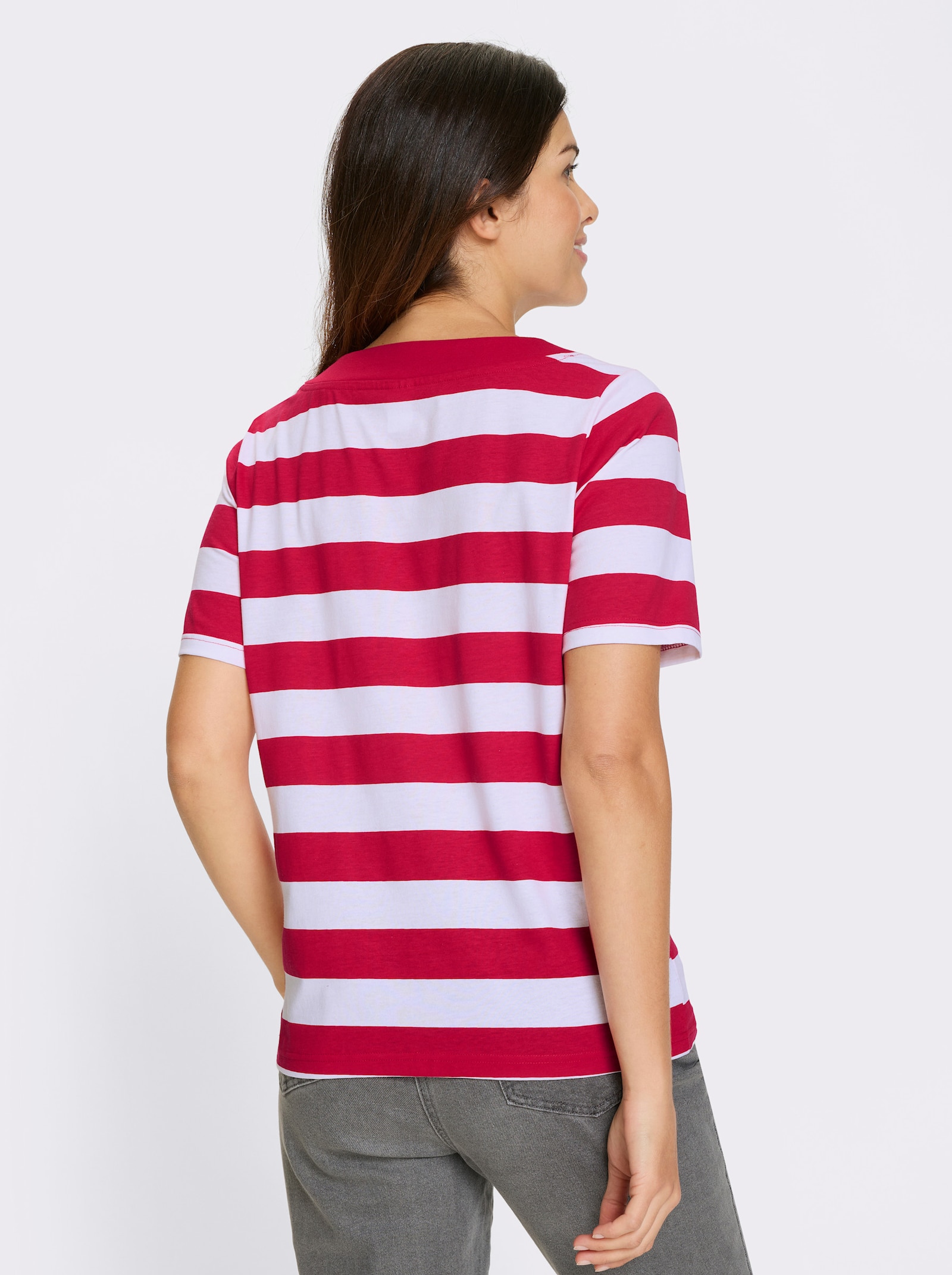 Kurzarmshirt mit Glitzer-Druck, gestreift - rot-weiß-geringelt