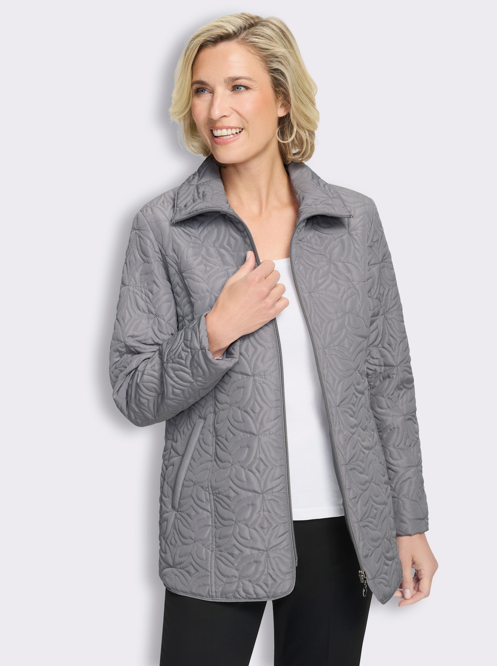 Steppjacke mit floralem Muster - steingrau
