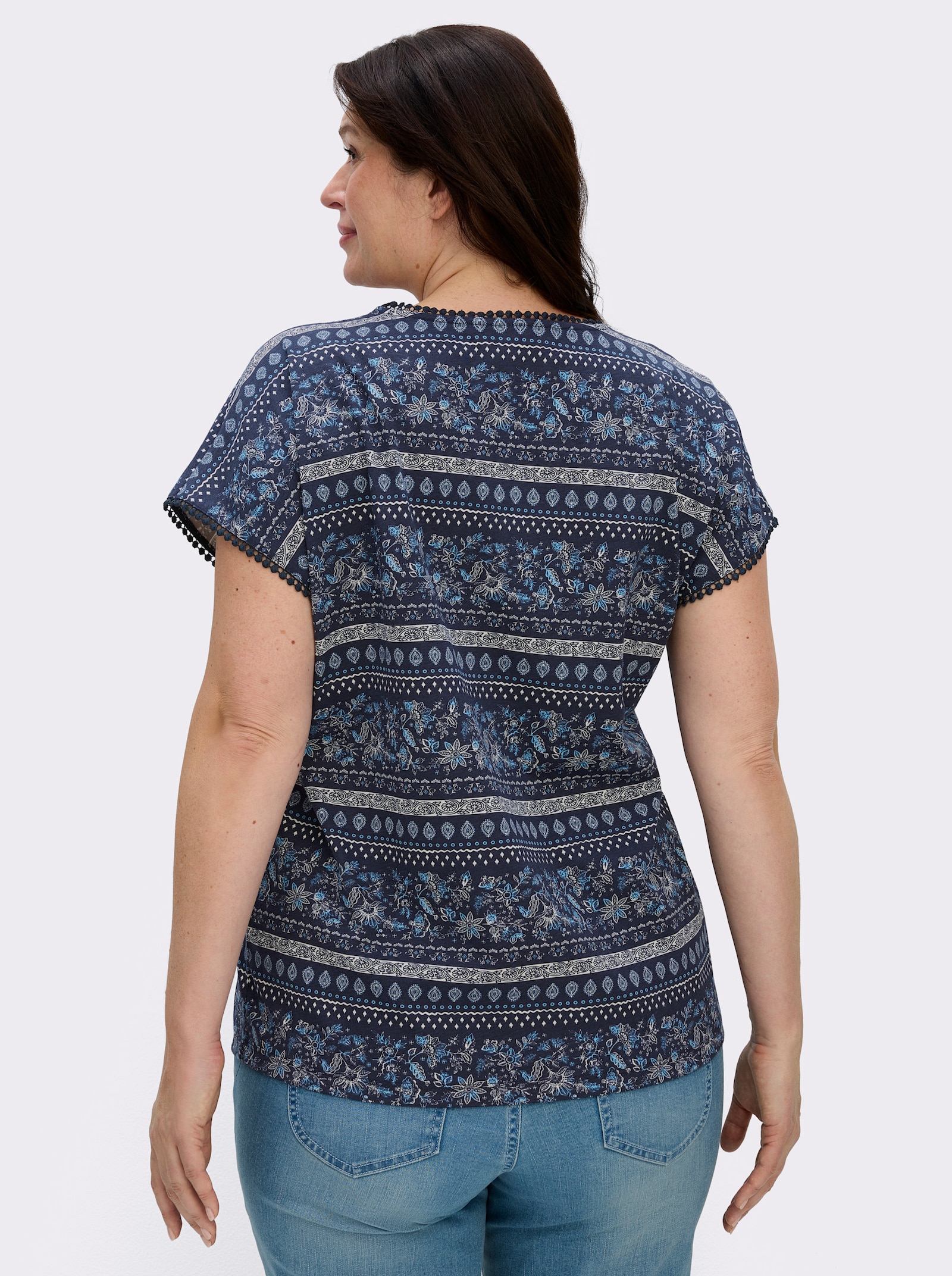  Print-Shirt mit Spitzenborte - marine-ecru-bedruckt
