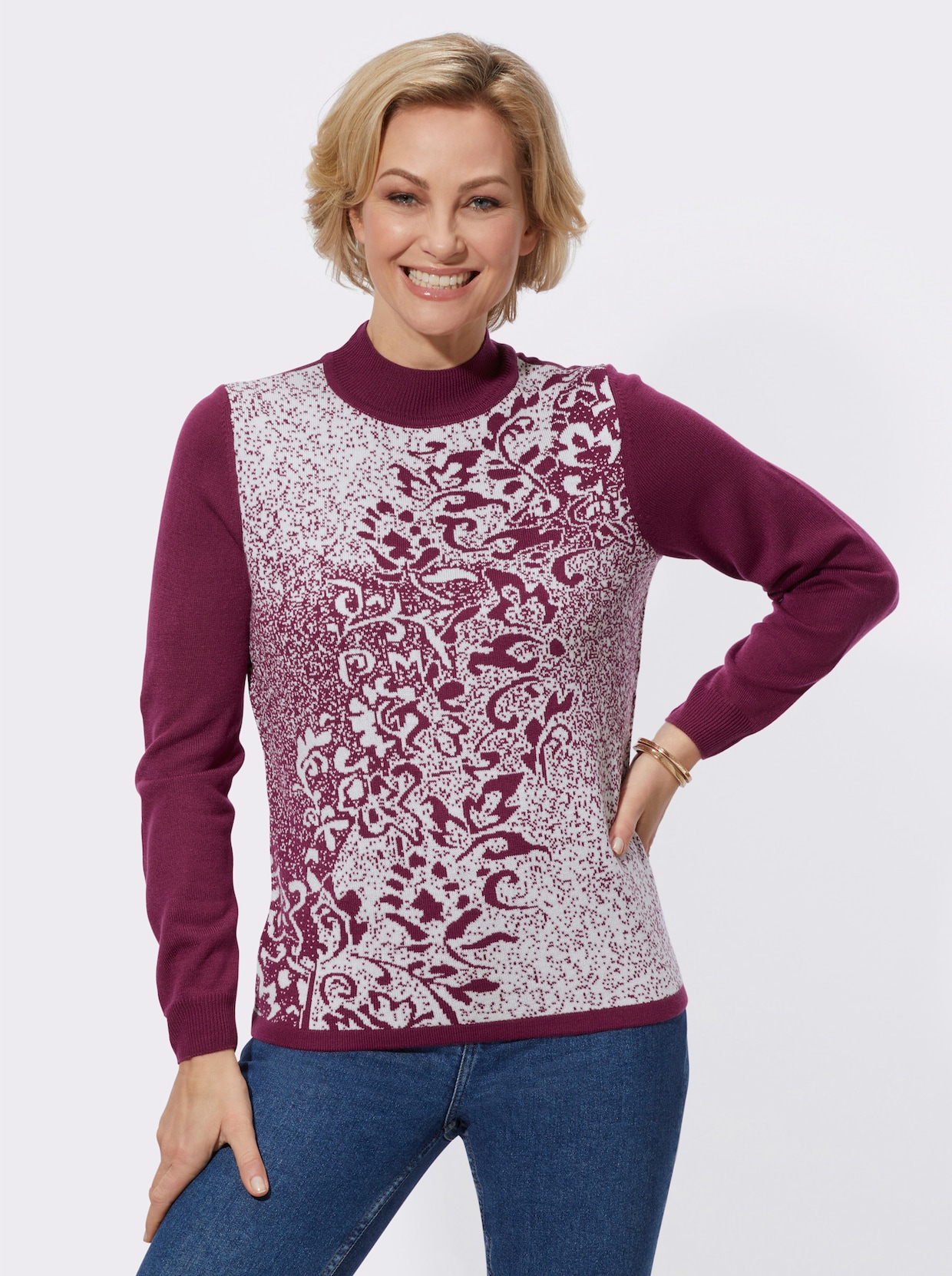 Jacquard-Pullover - malve-ecru-gemustert