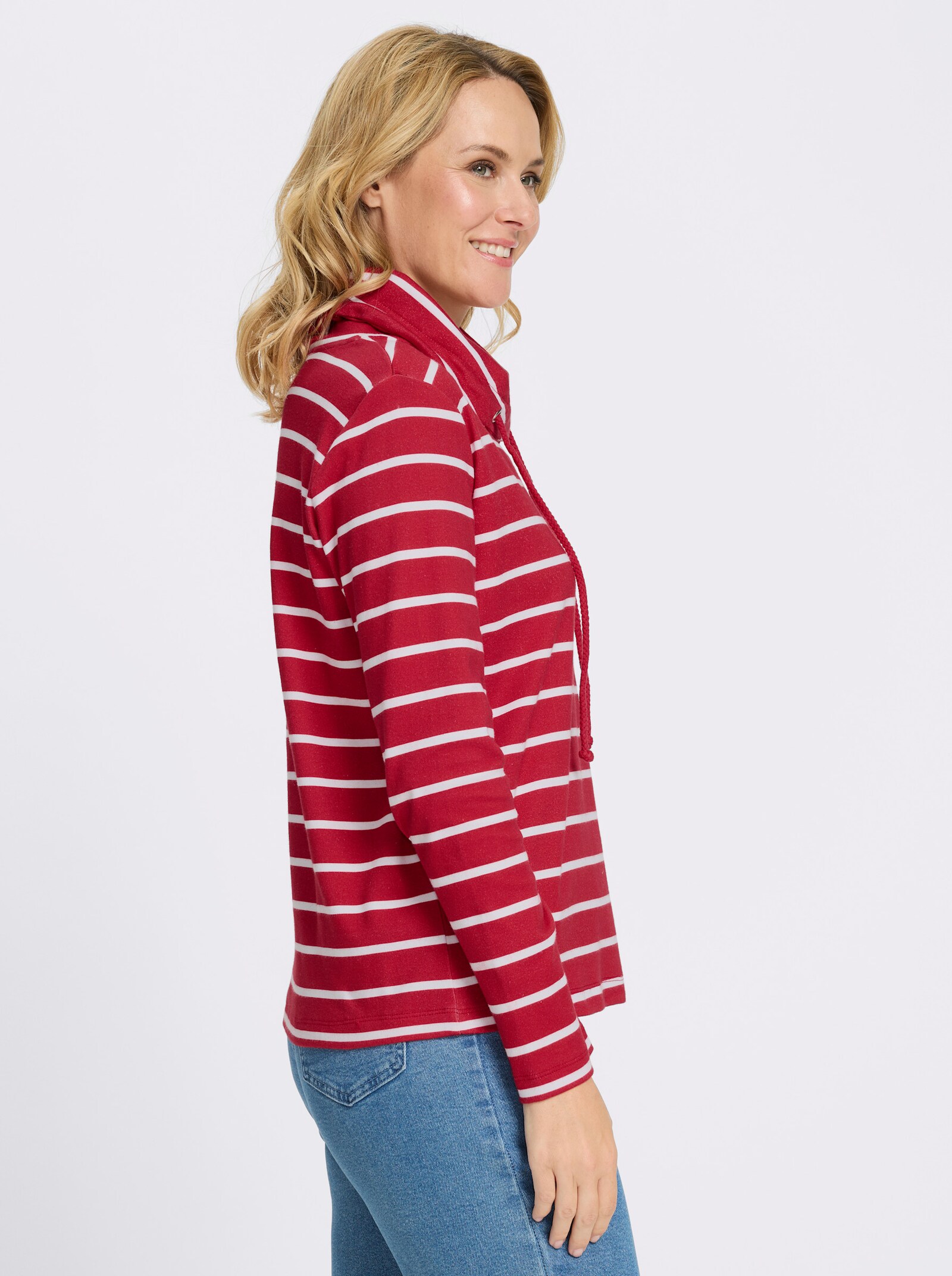 Sweatshirt mit überlappendem Kragen - rot-ecru-geringelt