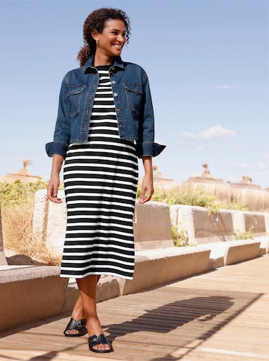 Jerseykleid mit Seitenschlitzen - schwarz-ecru-geringelt