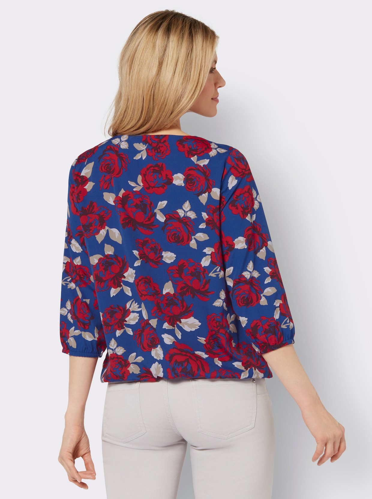 Comfortabele blouse - koninklijk blauw/rood bedrukt