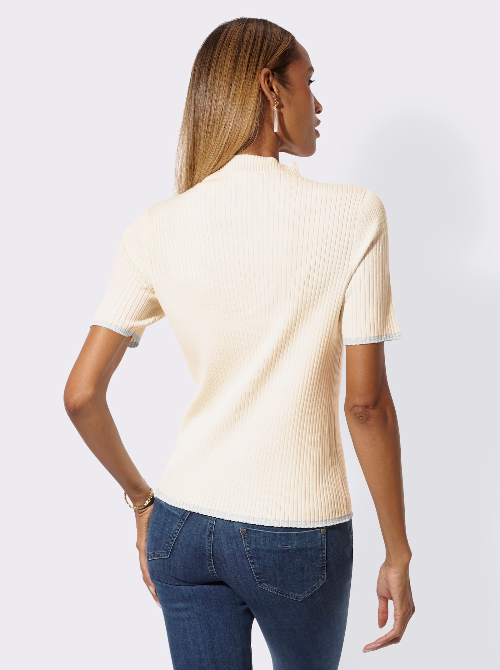 Stehkragenpullover in modischer Ripp-Optik - champagner