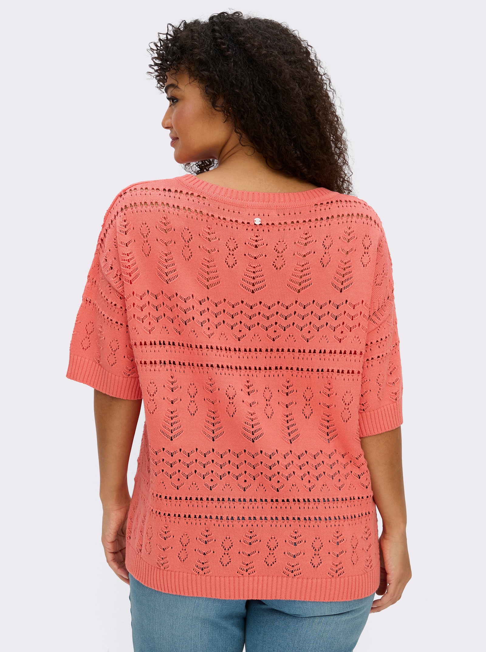 sheego Kurzarmpullover aus Ajourstrick - koralle