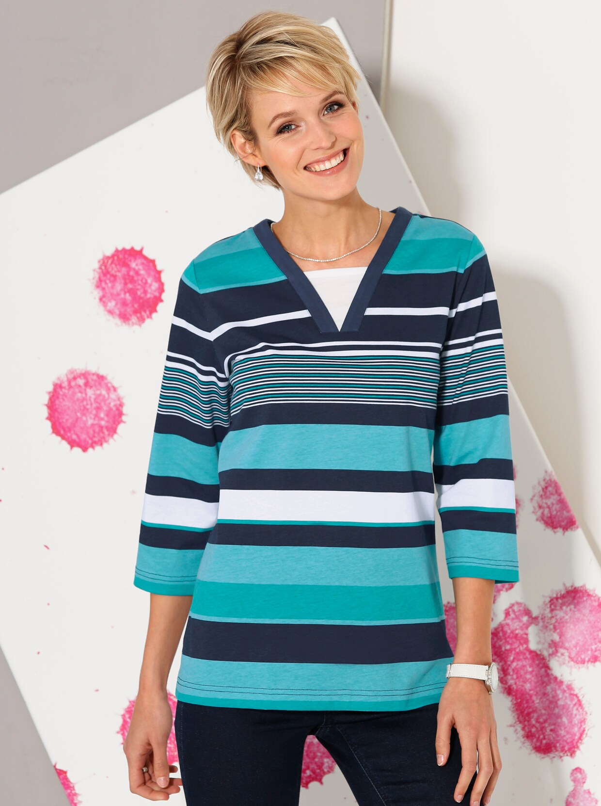 Shirt met 3/4-mouw - petrol gestreept