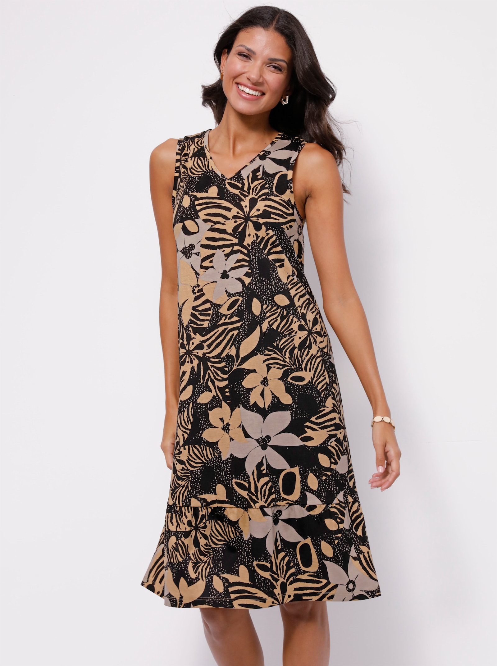 Sommerkleid mit Volants - schwarz-camel-bedruckt