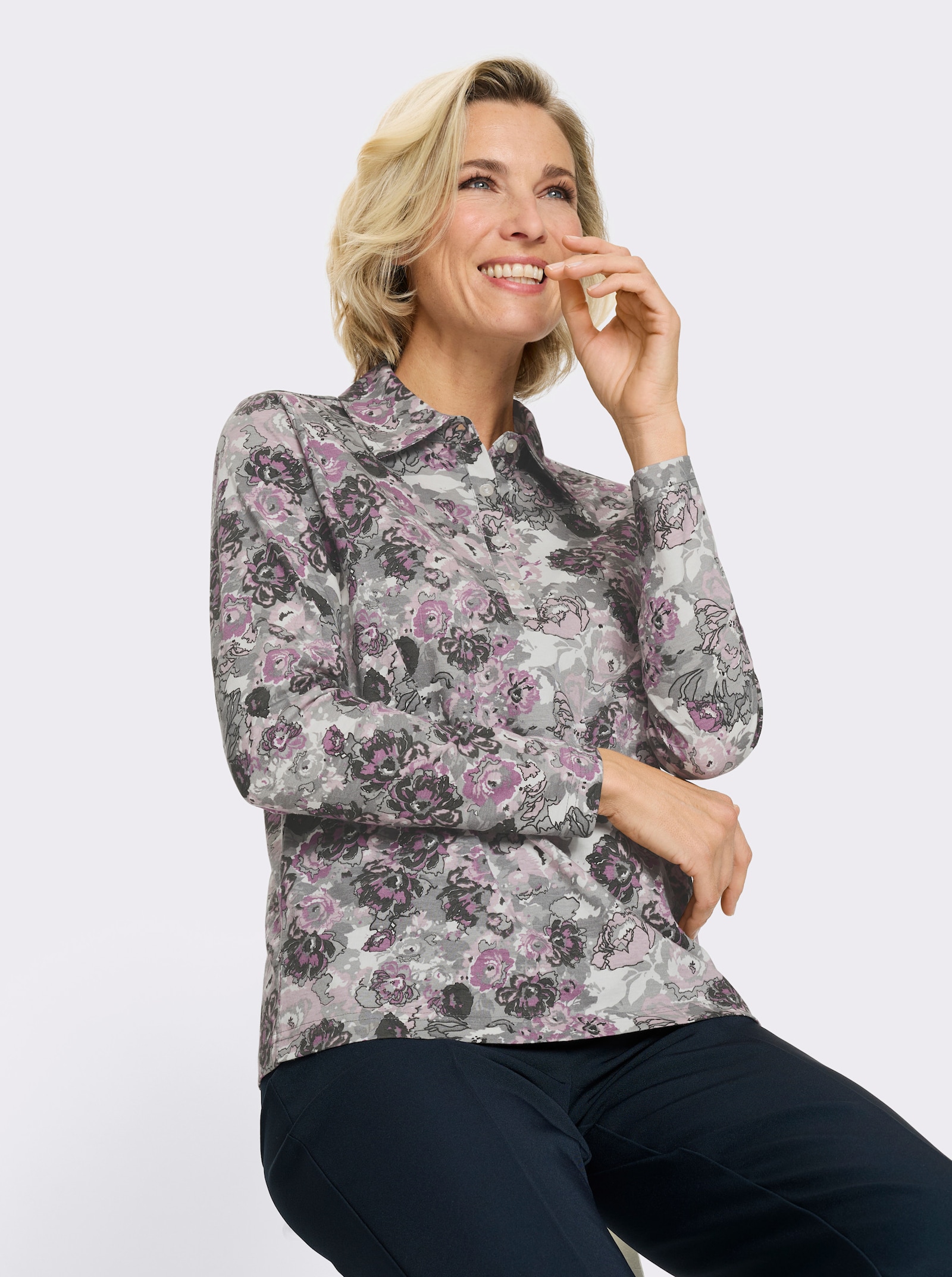Poloshirt im floralen Dessin - steingrau-mauve-bedruckt