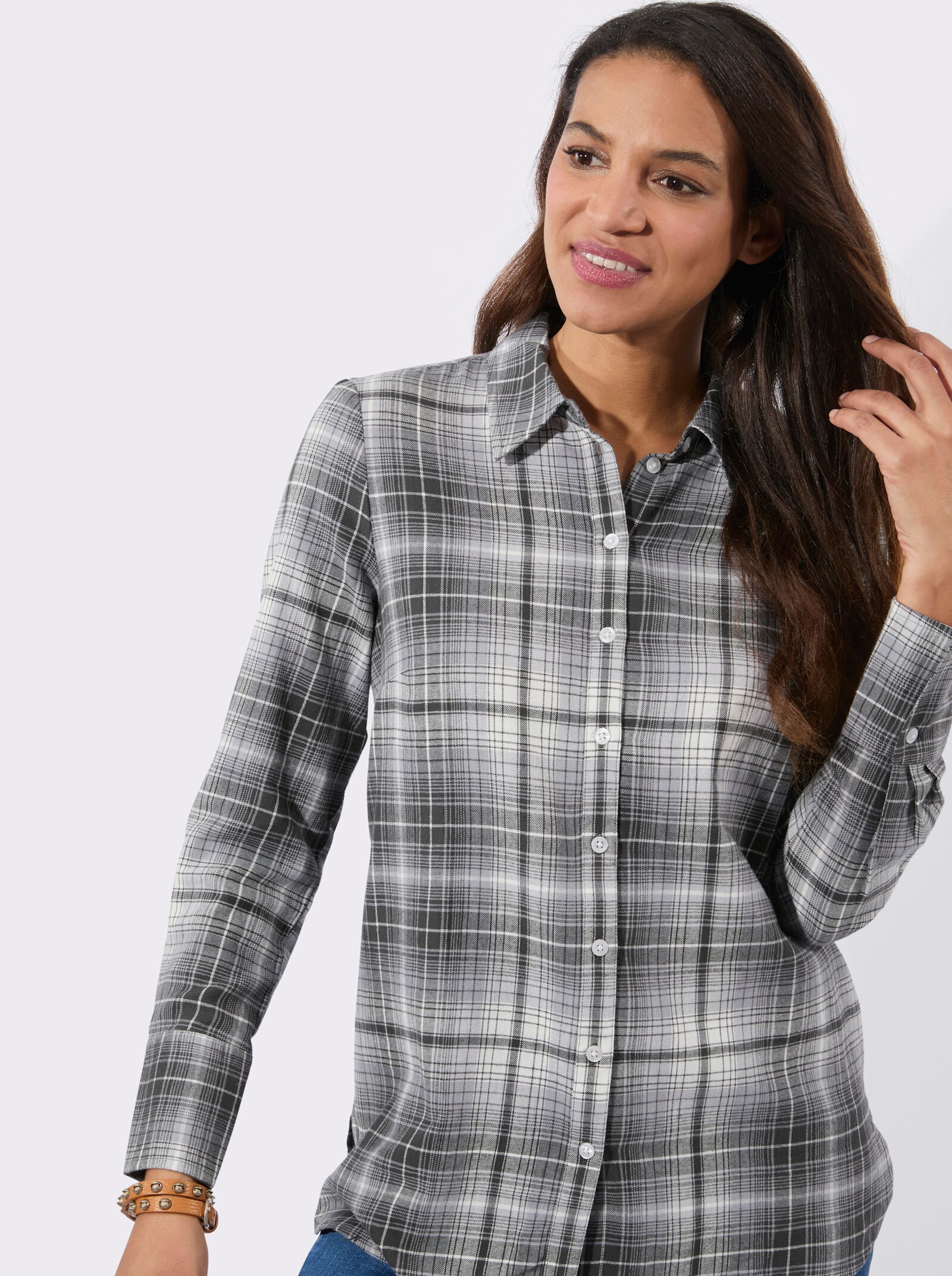Flanellbluse mit Seitenschlitzen - graphit-steingrau-kariert