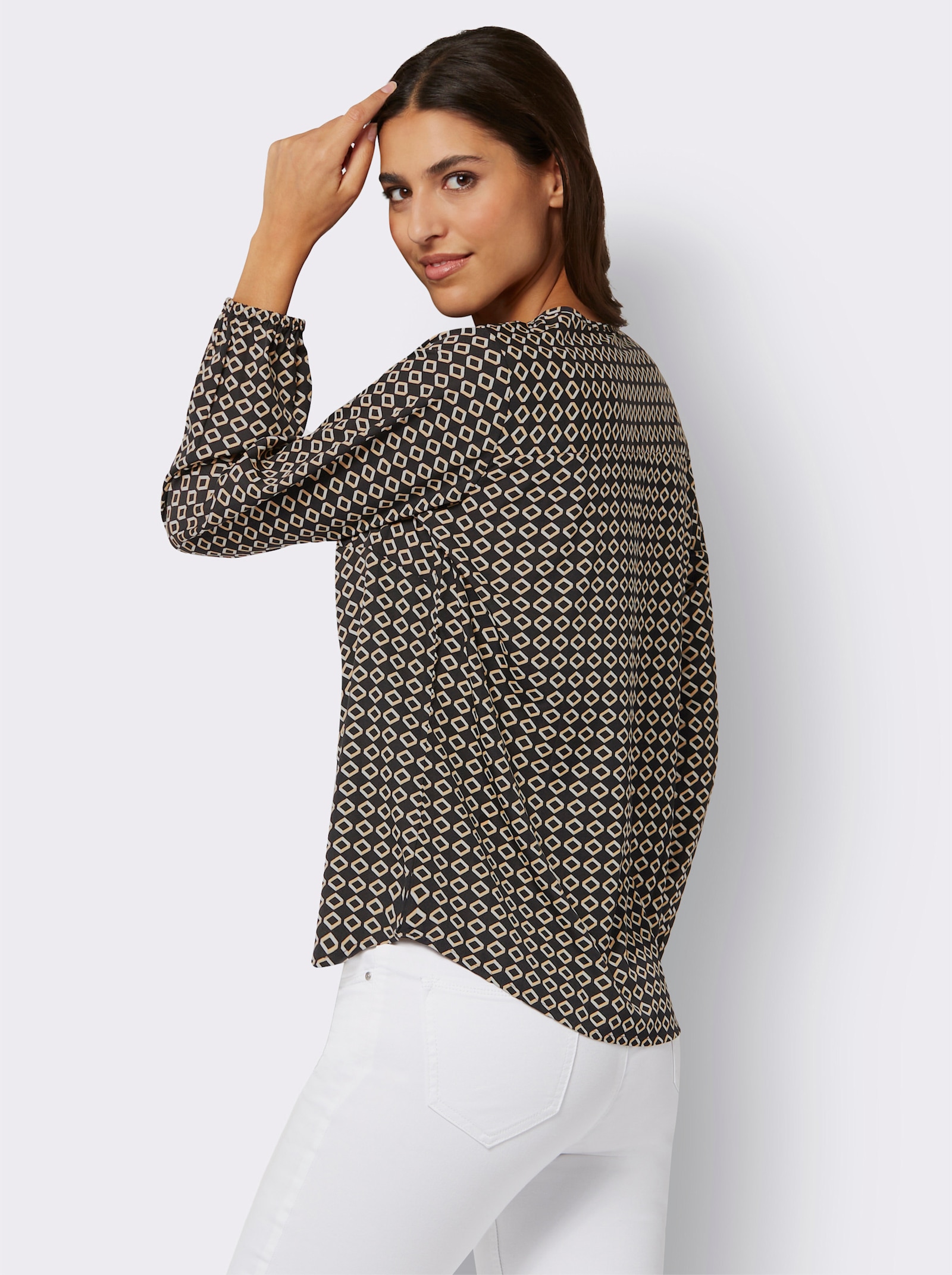 Comfortblouse met elastische mouwboordjes - zwart/camel bedrukt