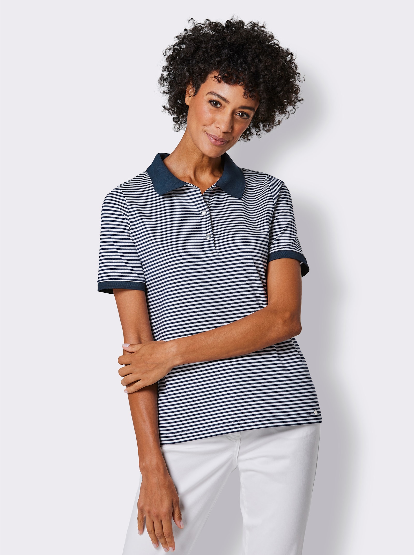 CREATION L PREMIUM Poloshirt mit Druckknöpfen - marine-weiß-geringelt