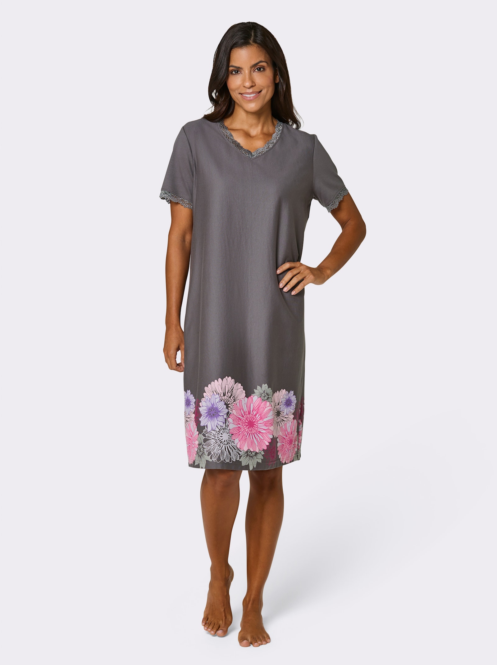 wäschepur Kurzarm-Sleepshirt mit Blumenbordüre - anthrazit-fuchsia-bedruckt