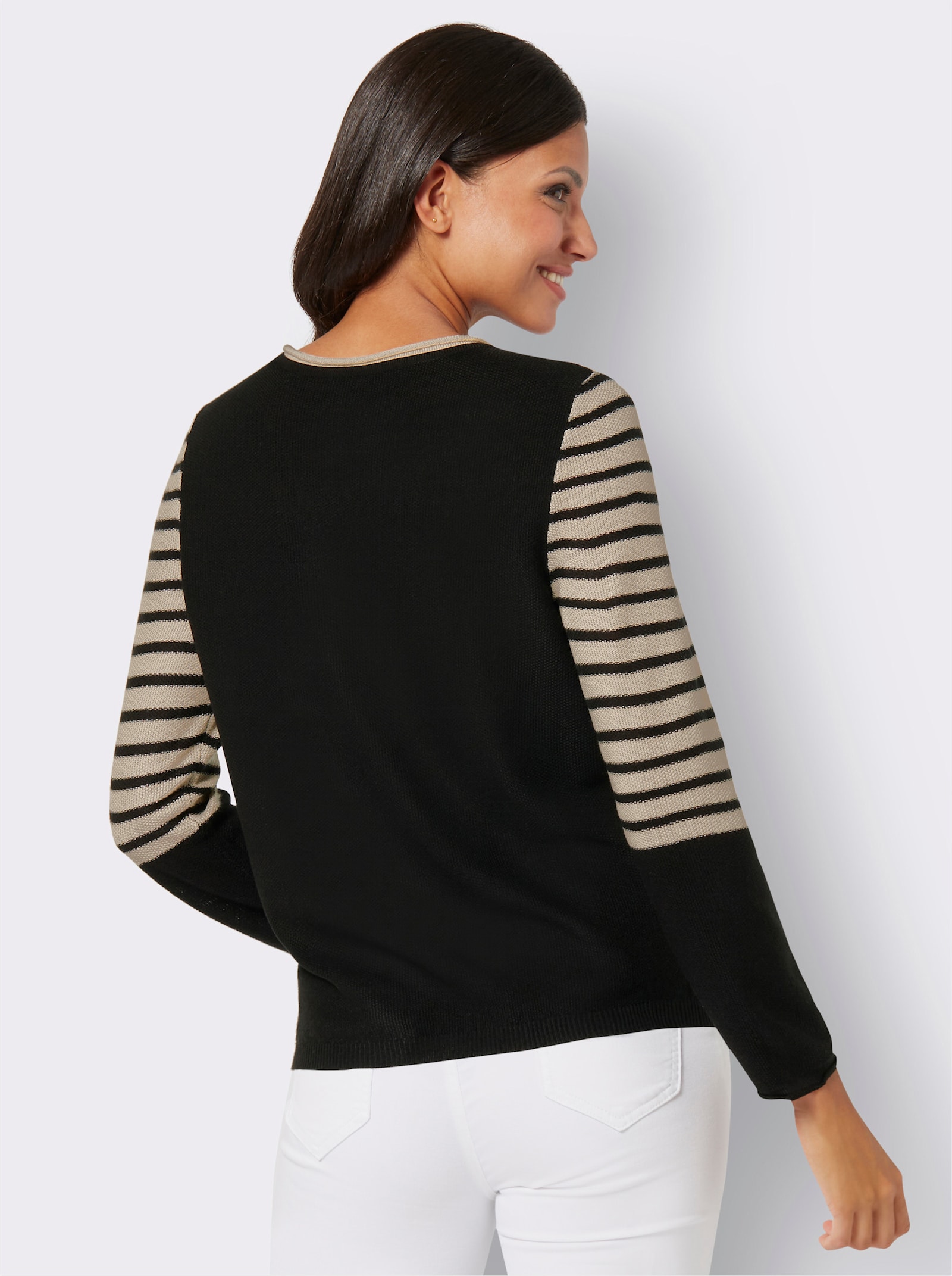 Proužkovaný svetr s efekty lesklé příze - písková-černá-vzor