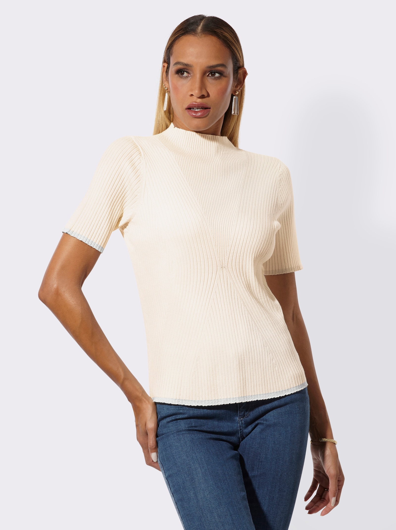 Stehkragenpullover in modischer Ripp-Optik - champagner